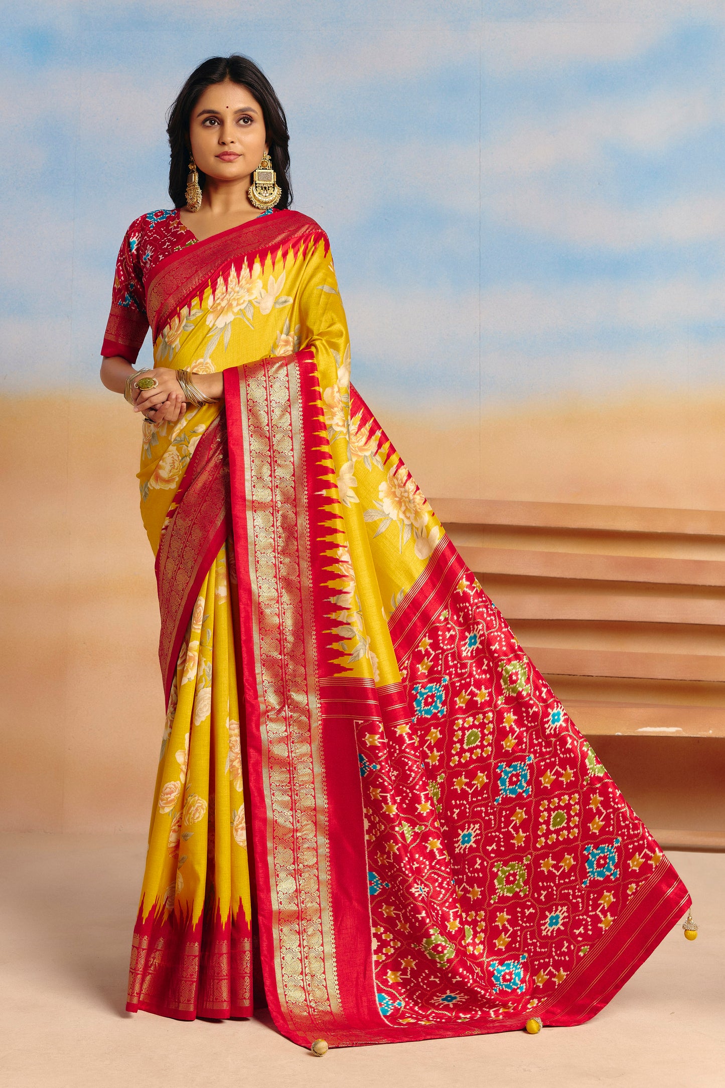 Rangrekha - Yellow Floral Printed Soft Silk Saree