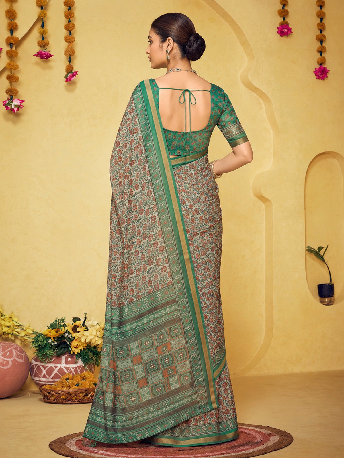 Amrapali - Sea Green Chanderi Cotton Digital Printed Saree with Zari Border