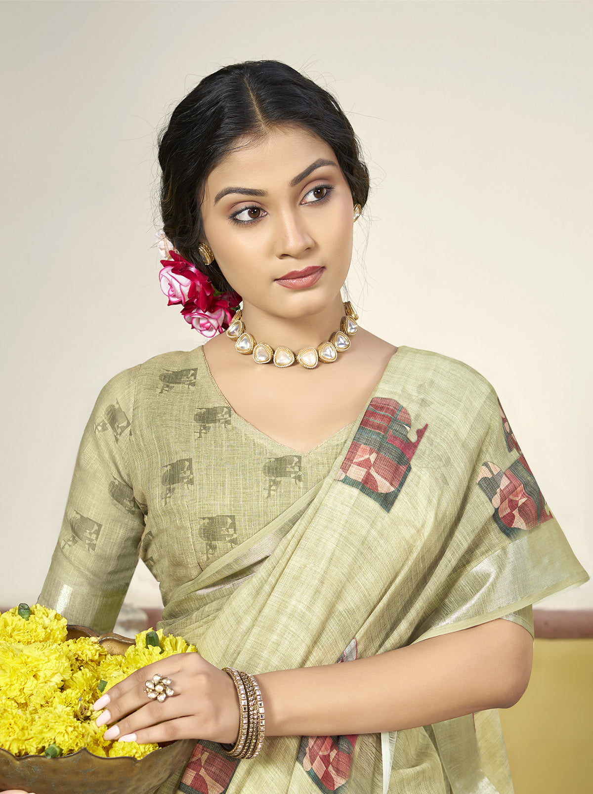Rachna - Lime Green Linen Digital Print Saree with Woven Border