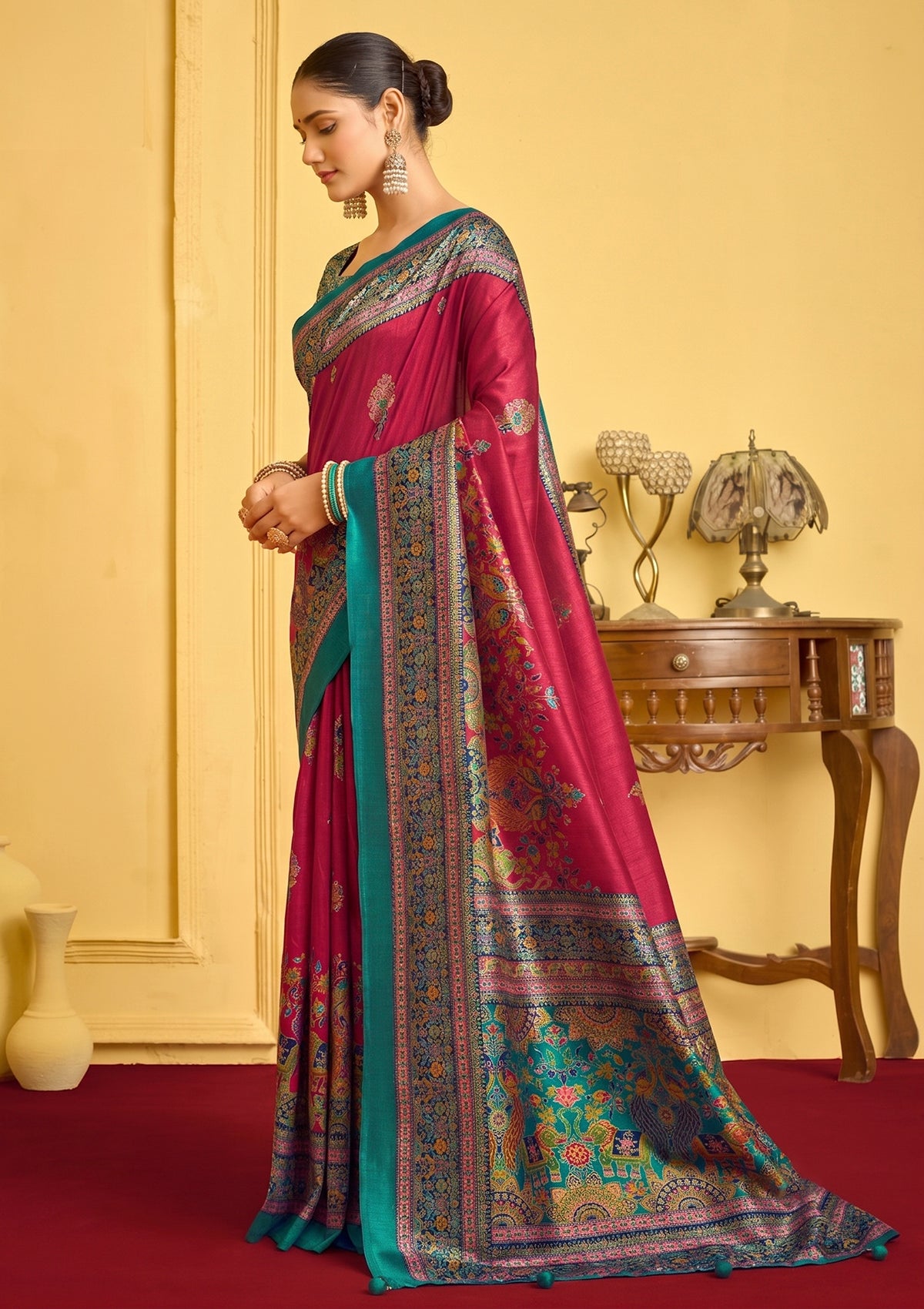 Kumuda - Red Silk Printed Saree with Delicate Foil Work