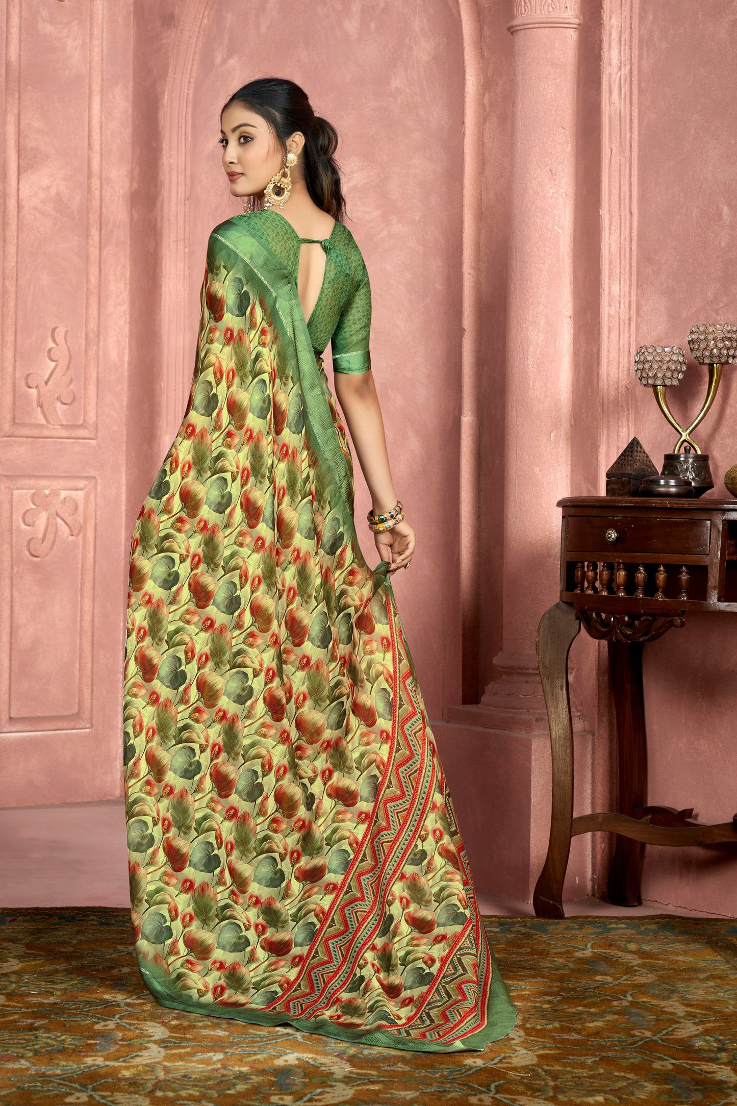 Samriddhi – Green Moss Georgette Digital Print Saree with Satin Patta Border