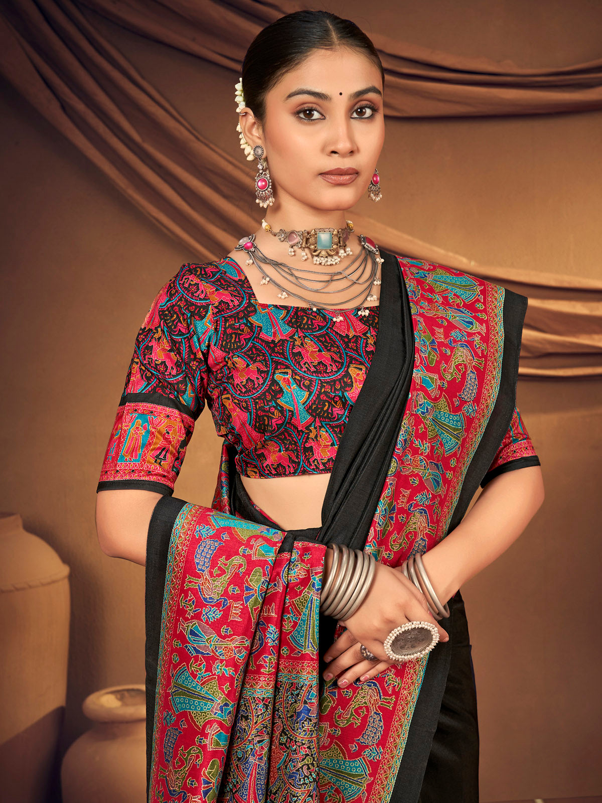 Kumuda - Black Mysore Silk Jari Printed with Tessals