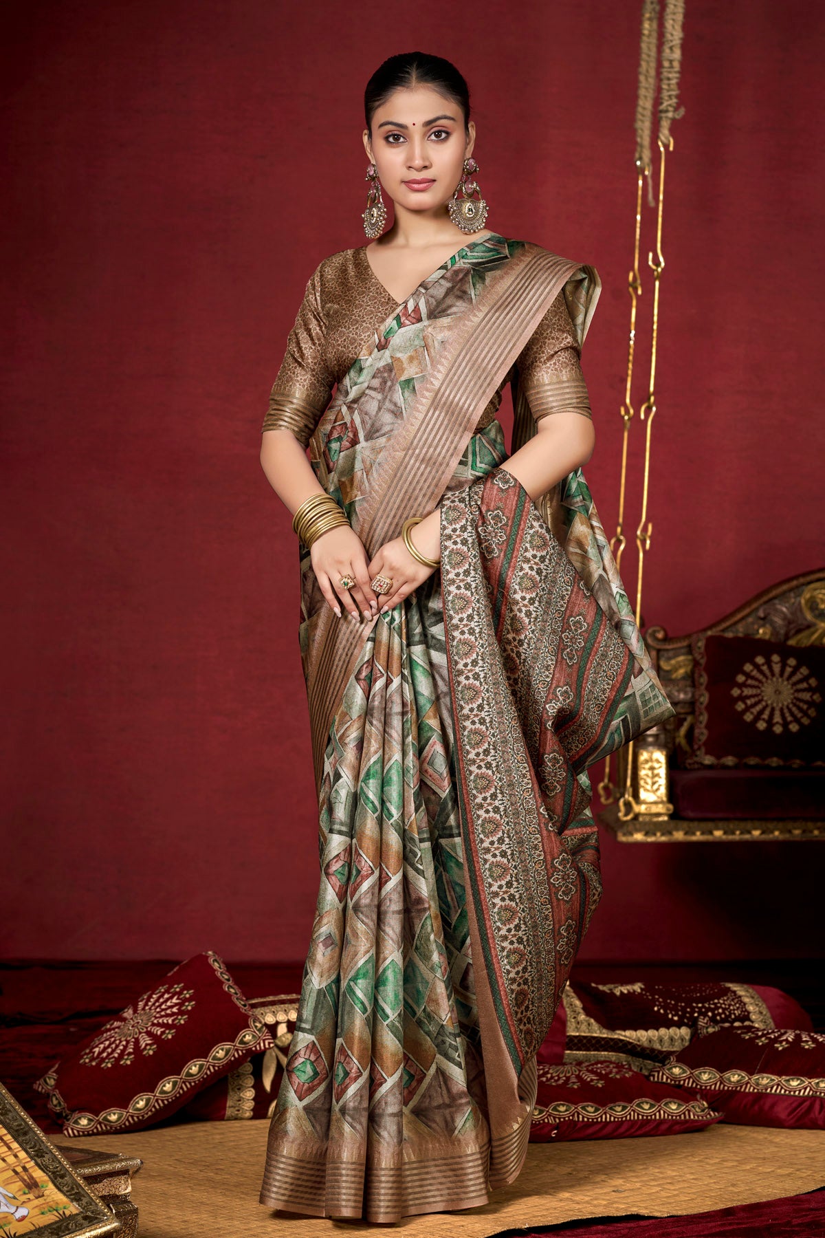 Veera - Multicolor Soft Silk Digital Printed Saree with Woven Border