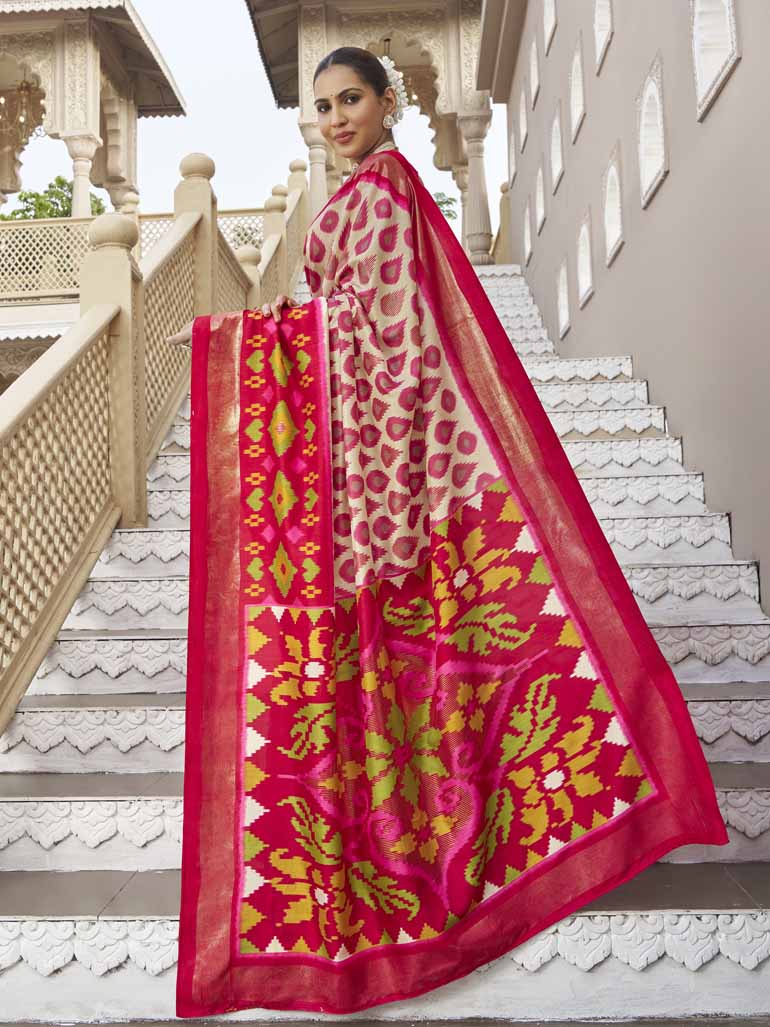 Gulmarg - Cream Silk Digital Printed Saree with Zari Border