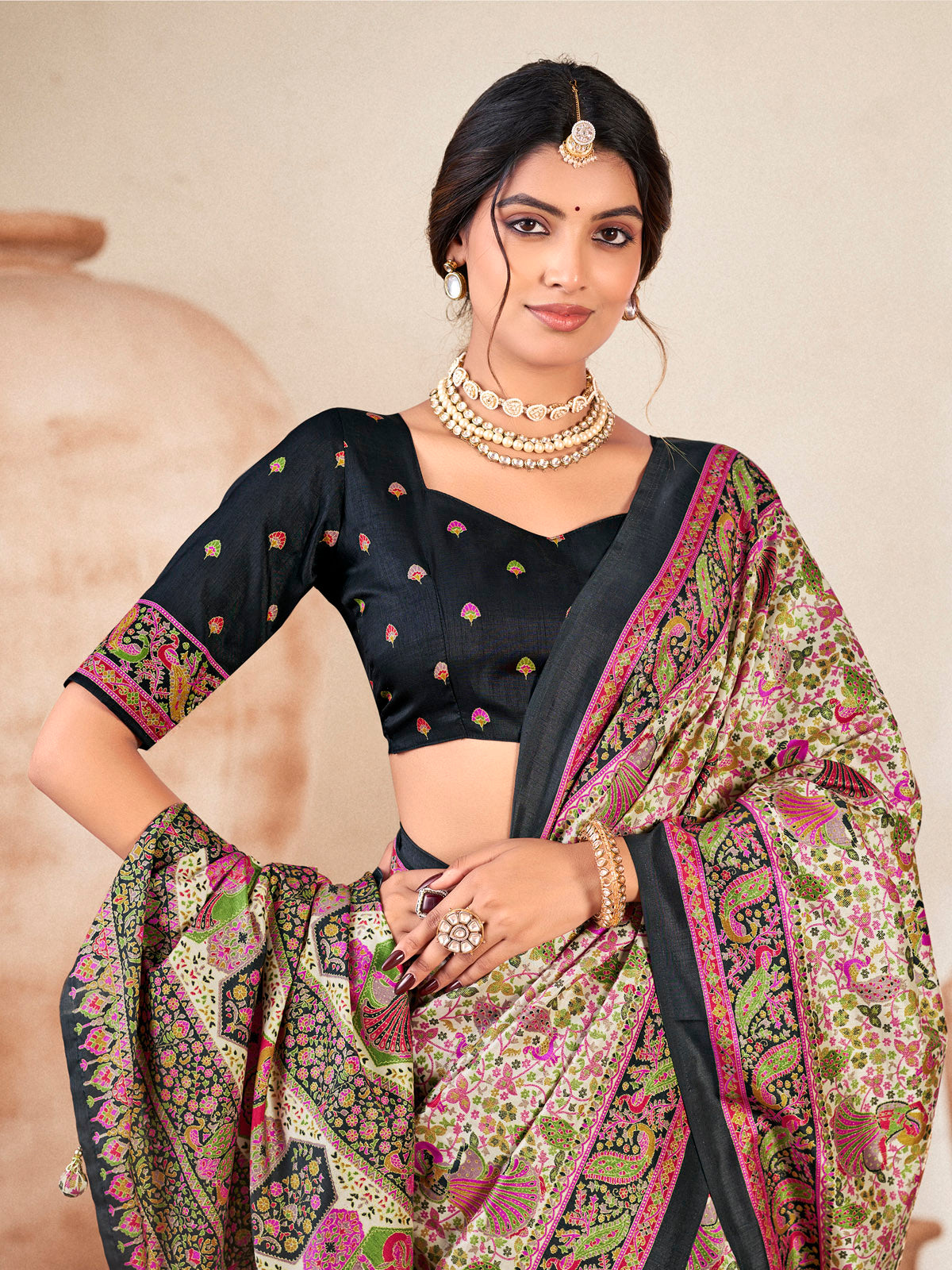 Kumuda - Black Mysore Silk Jari Printed with Tessals