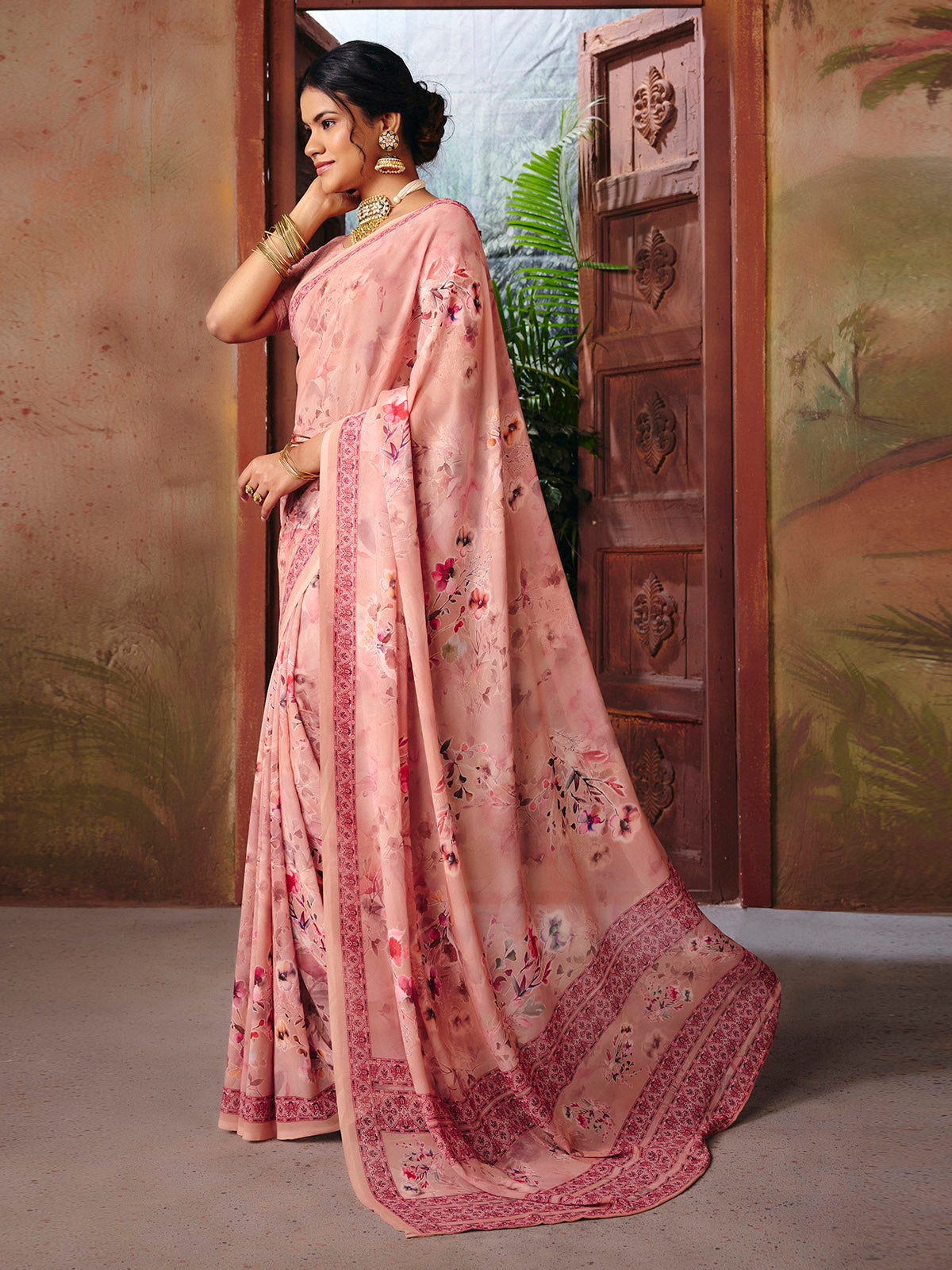 Riddhi - Coral Georgette Floral Digital Printed Saree