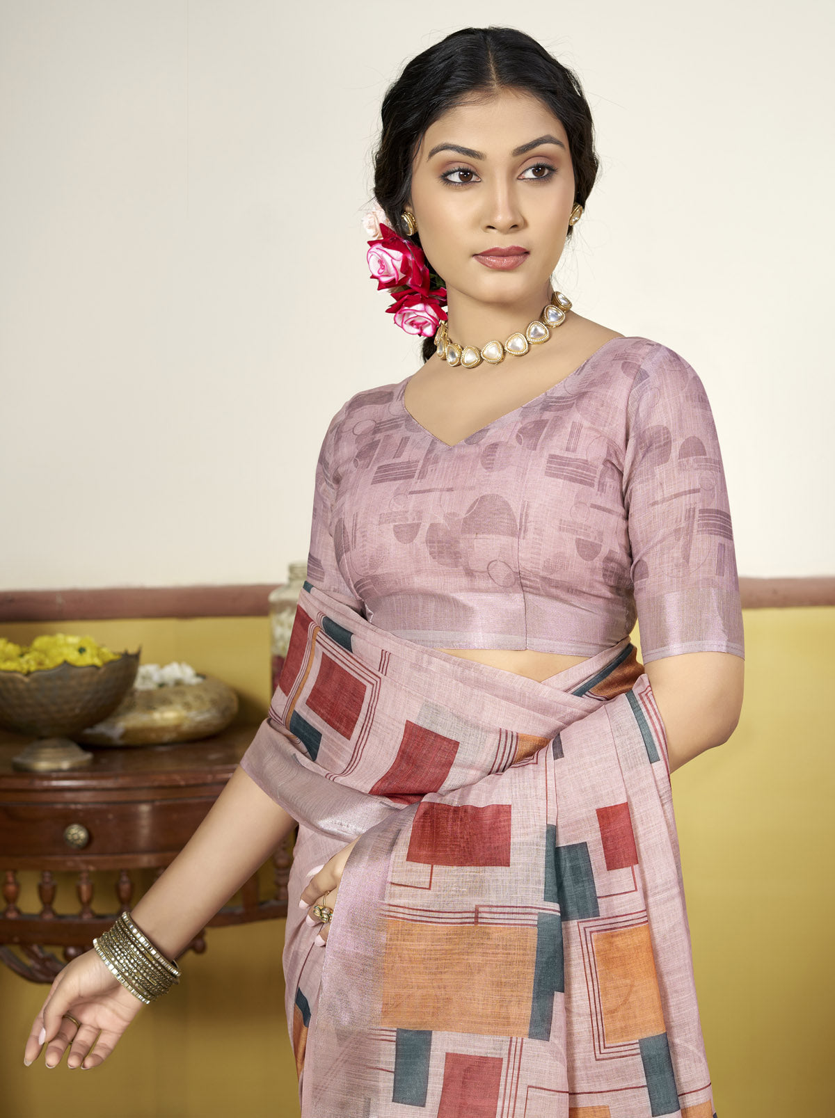 Rachna - Green Linen Digital Print Saree with Woven Border