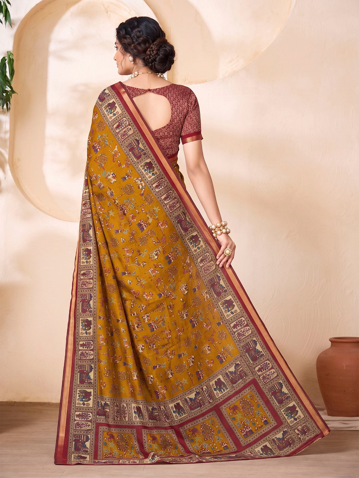 Monalisa - Yellow Chanderi Cotton Printed Saree with Classic Folk Art Print