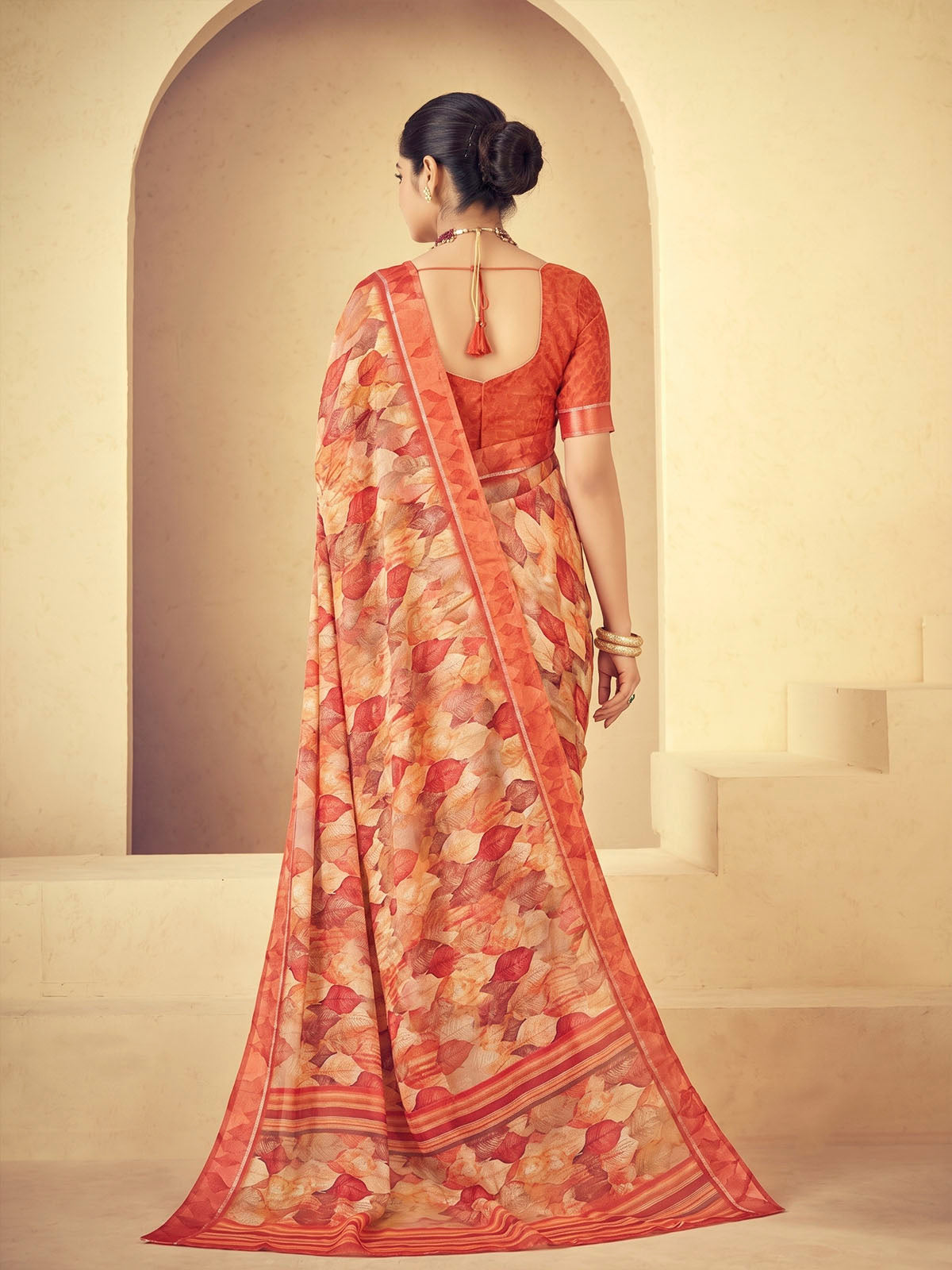 Samriddhi - Orange Moss Georgette Digital Print Saree with Satin Patta Border