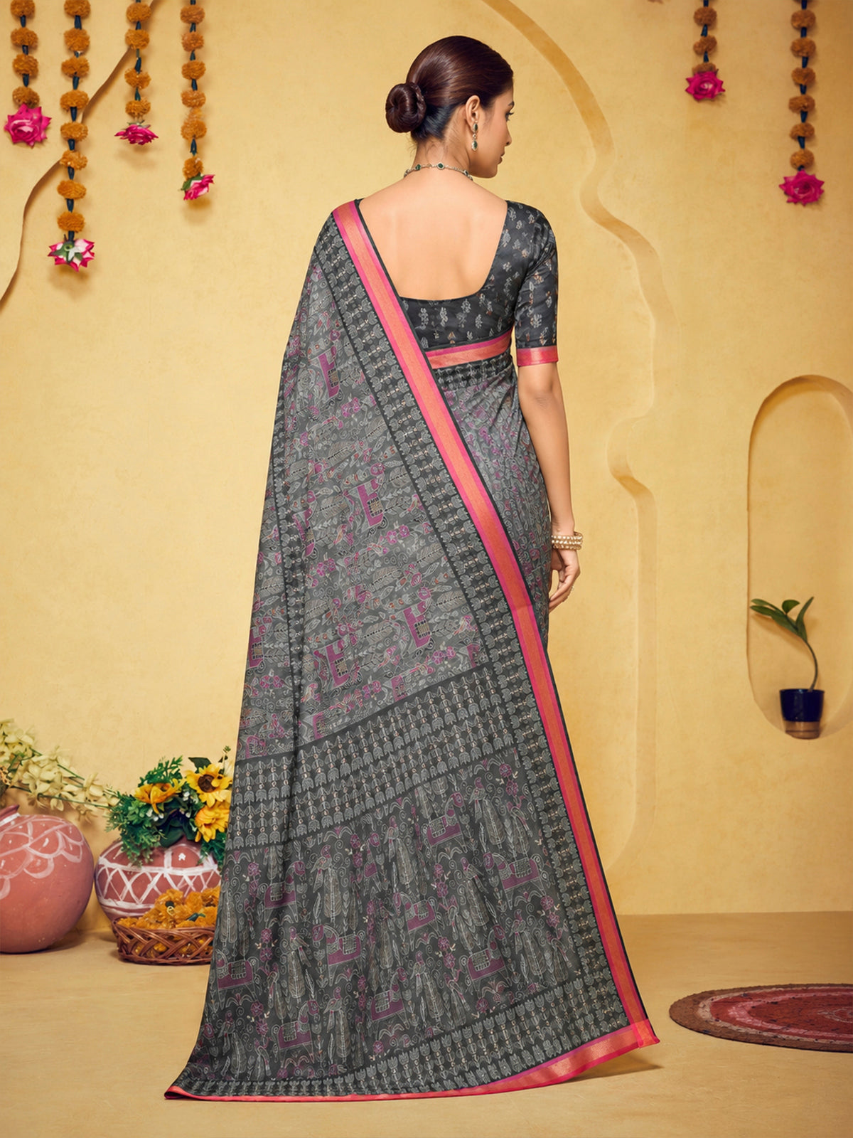 Amrapali - Grey Chanderi Cotton Digital Printed Saree with Zari Border