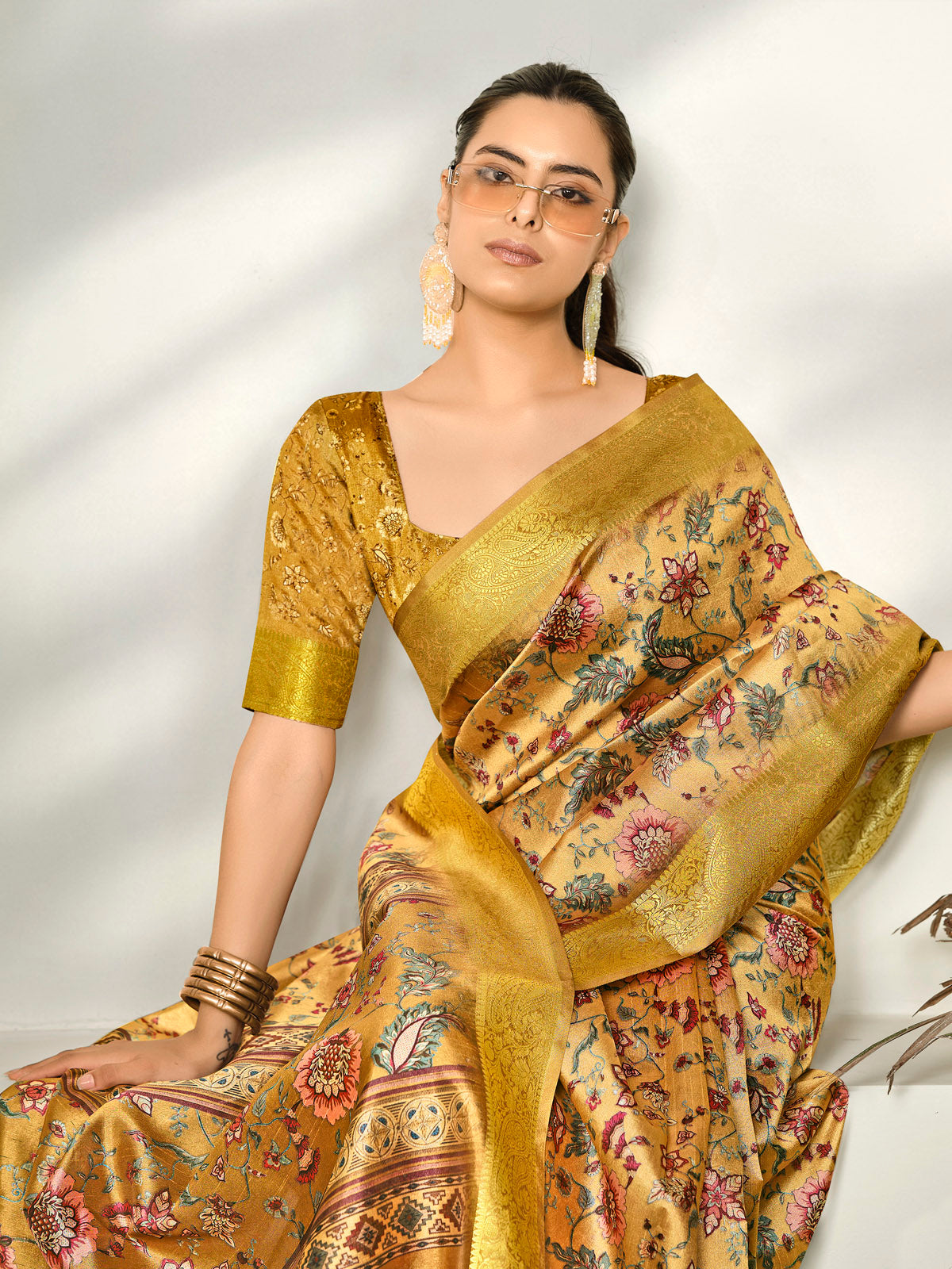 Varnika - Golden Digital Printed Moss Georgette Saree with Woven Border