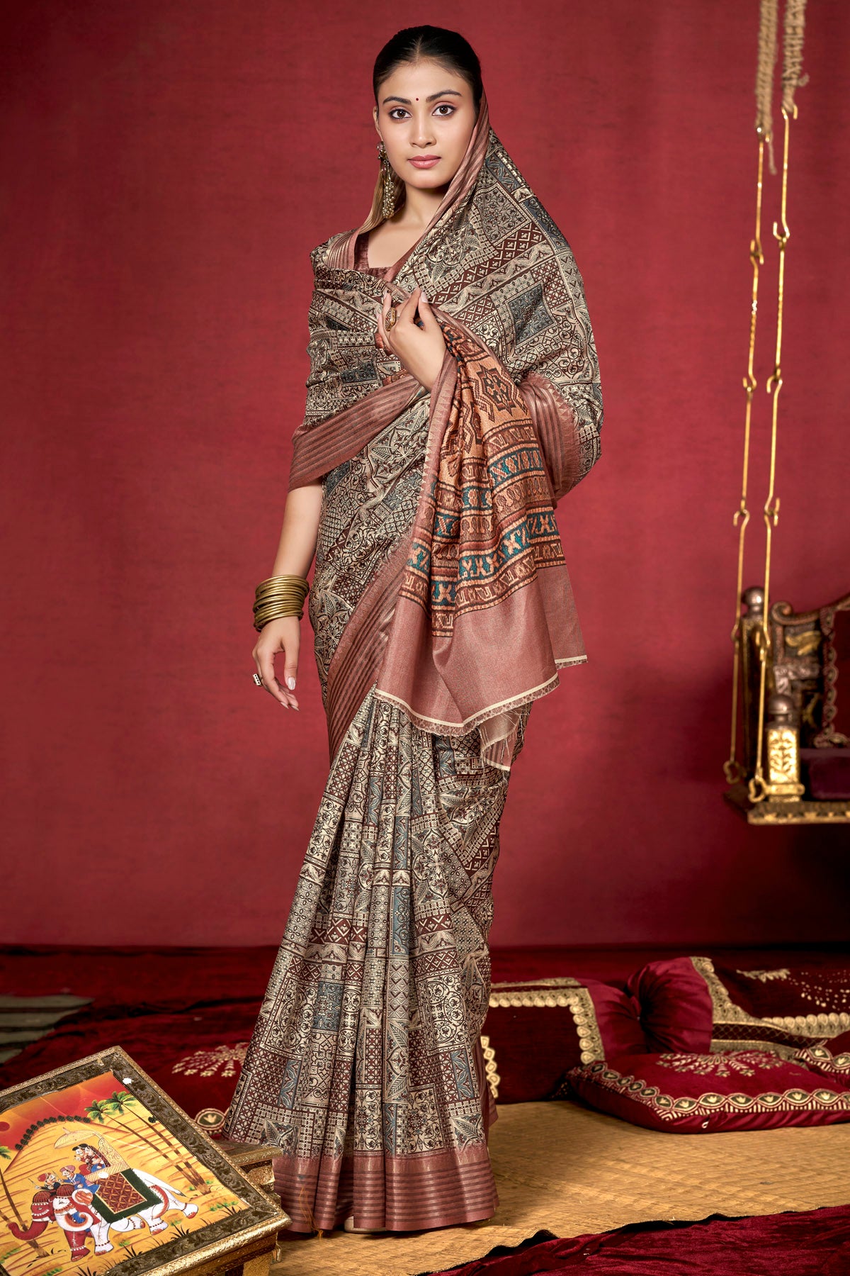 Veera - Bronze Soft Silk Digital Printed Saree with Woven Border