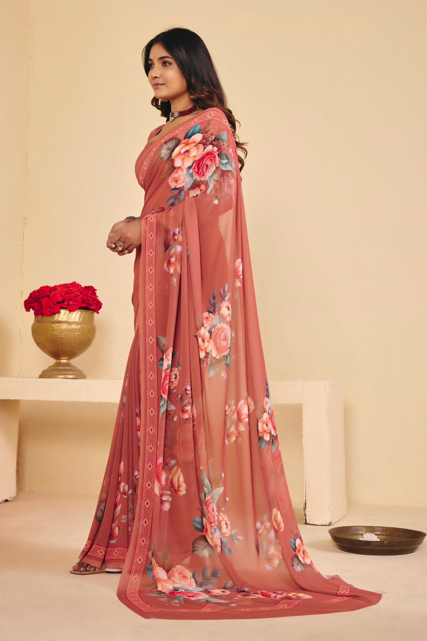 Twisha - Brown Georgette Digital Printed Saree