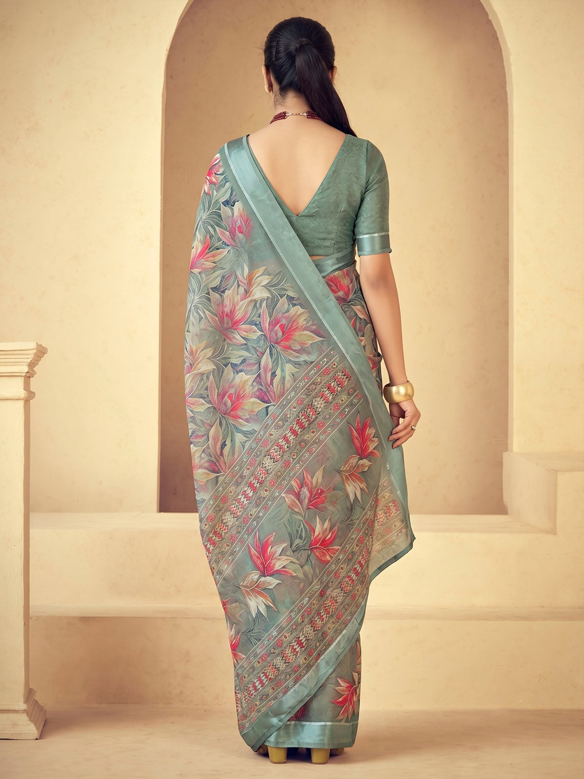 Samriddhi - Sage Green Moss Georgette Digital Print Saree with Satin Patta Border