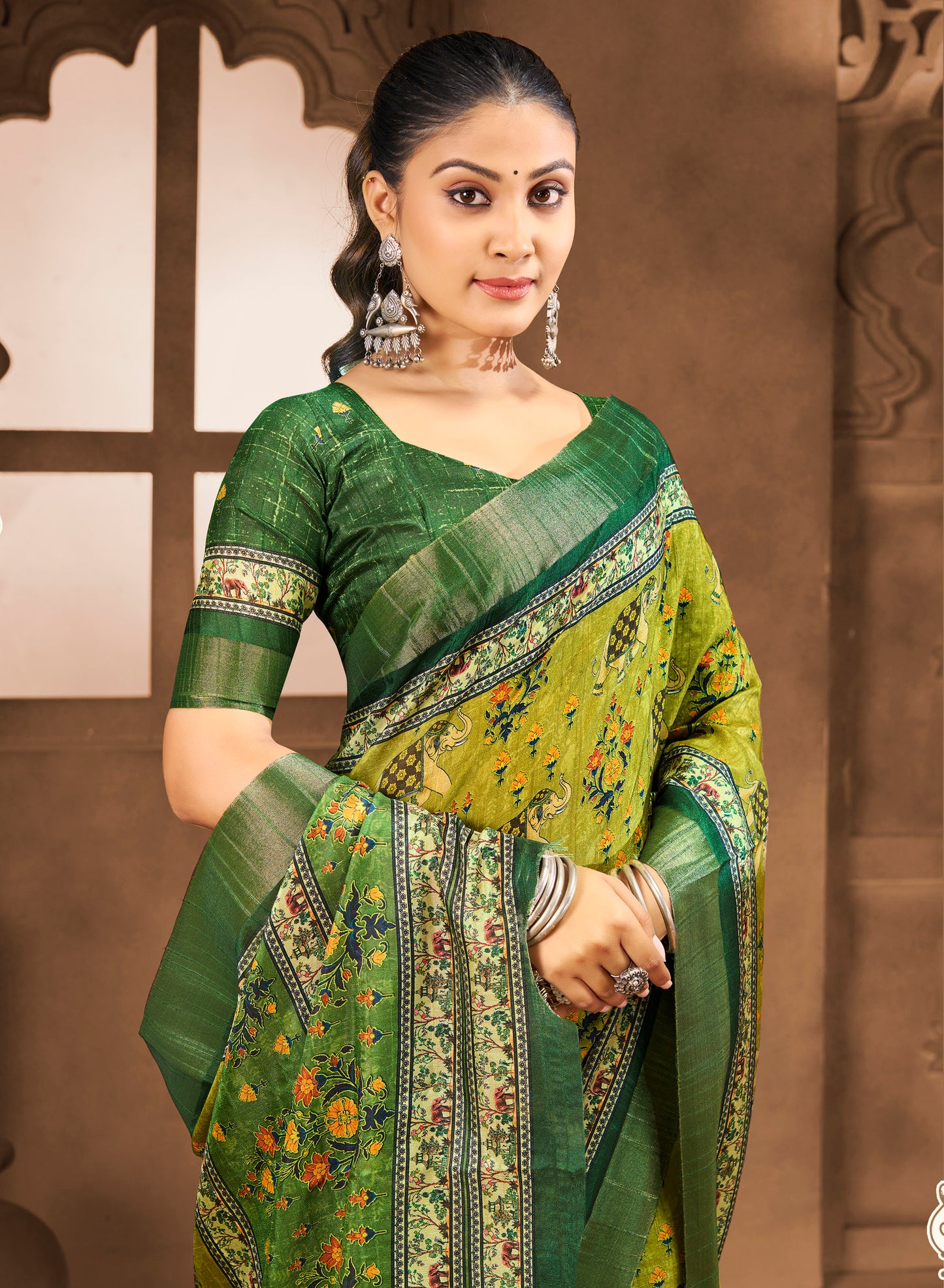 Devsena – Lime Green Silk Digital Print Saree