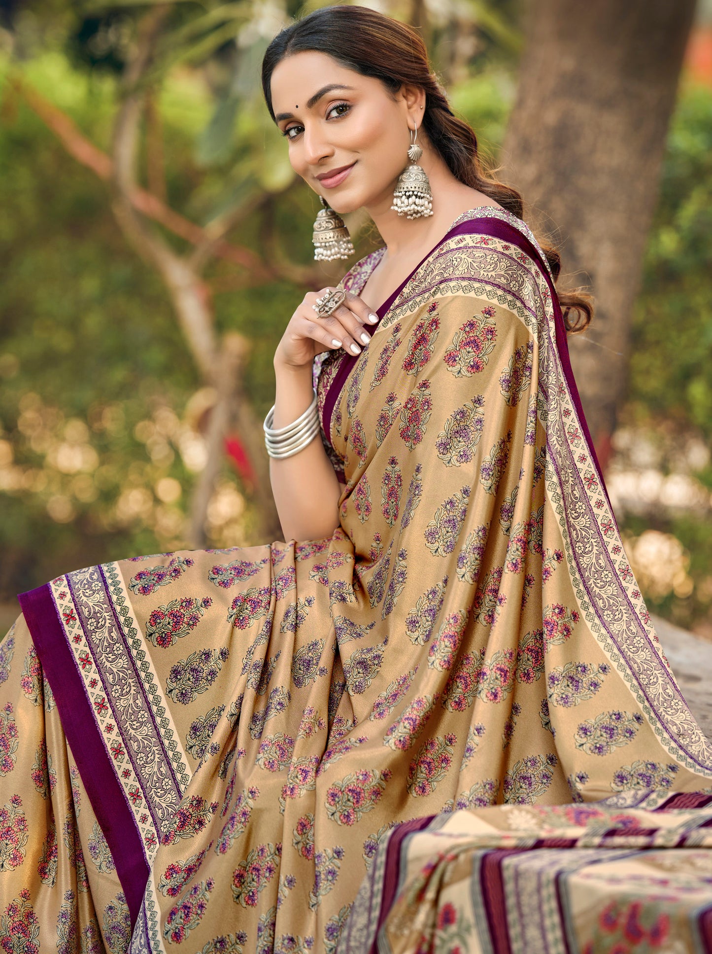 Rajkala - Beige Printed Crepe Silk Saree