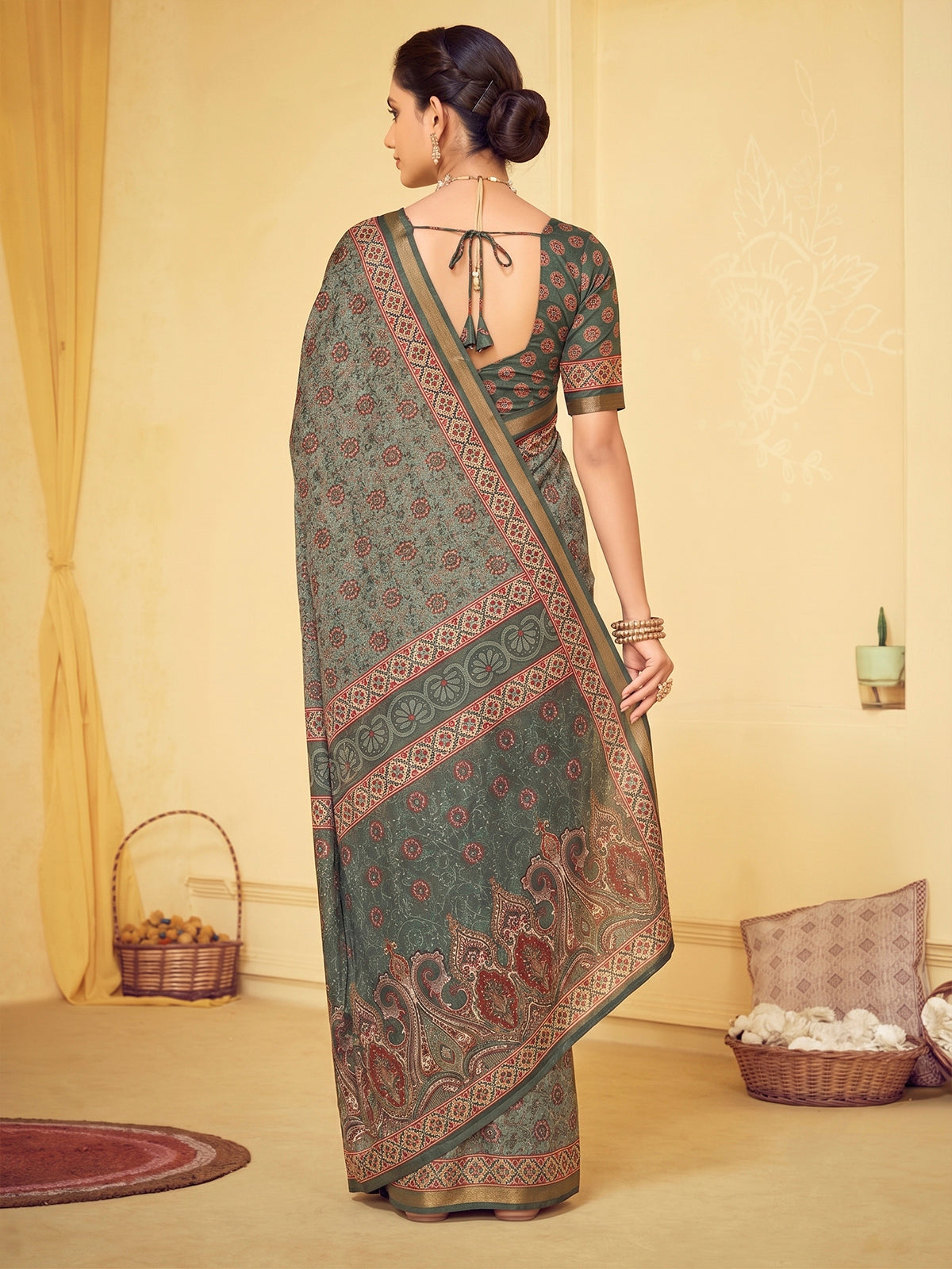 Amrapali - Green Chanderi Cotton Digital Printed Saree with Zari Border