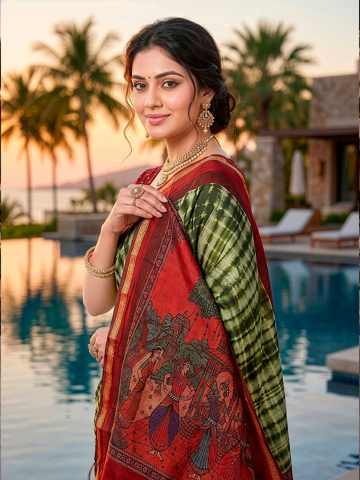 Monalisa - Green Printed Liva Cotton Silk Saree