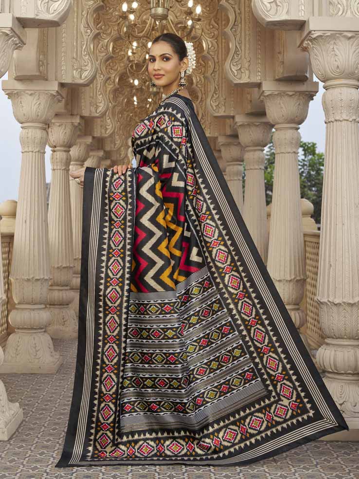 Gulmarg - Black Silk Digital Printed Saree with Zari Border