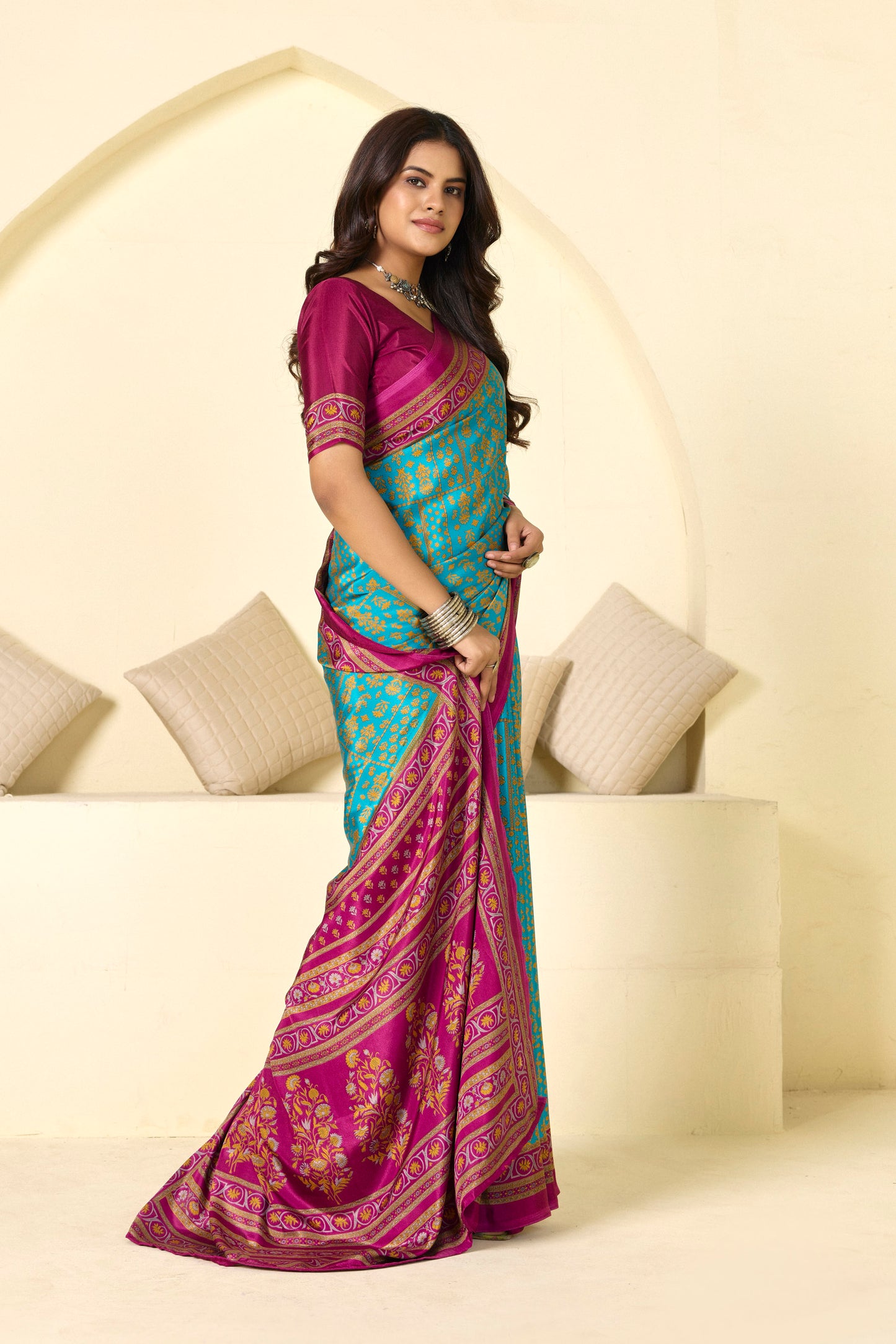 Rajkala - Teal Floral Printed Crepe Silk Saree