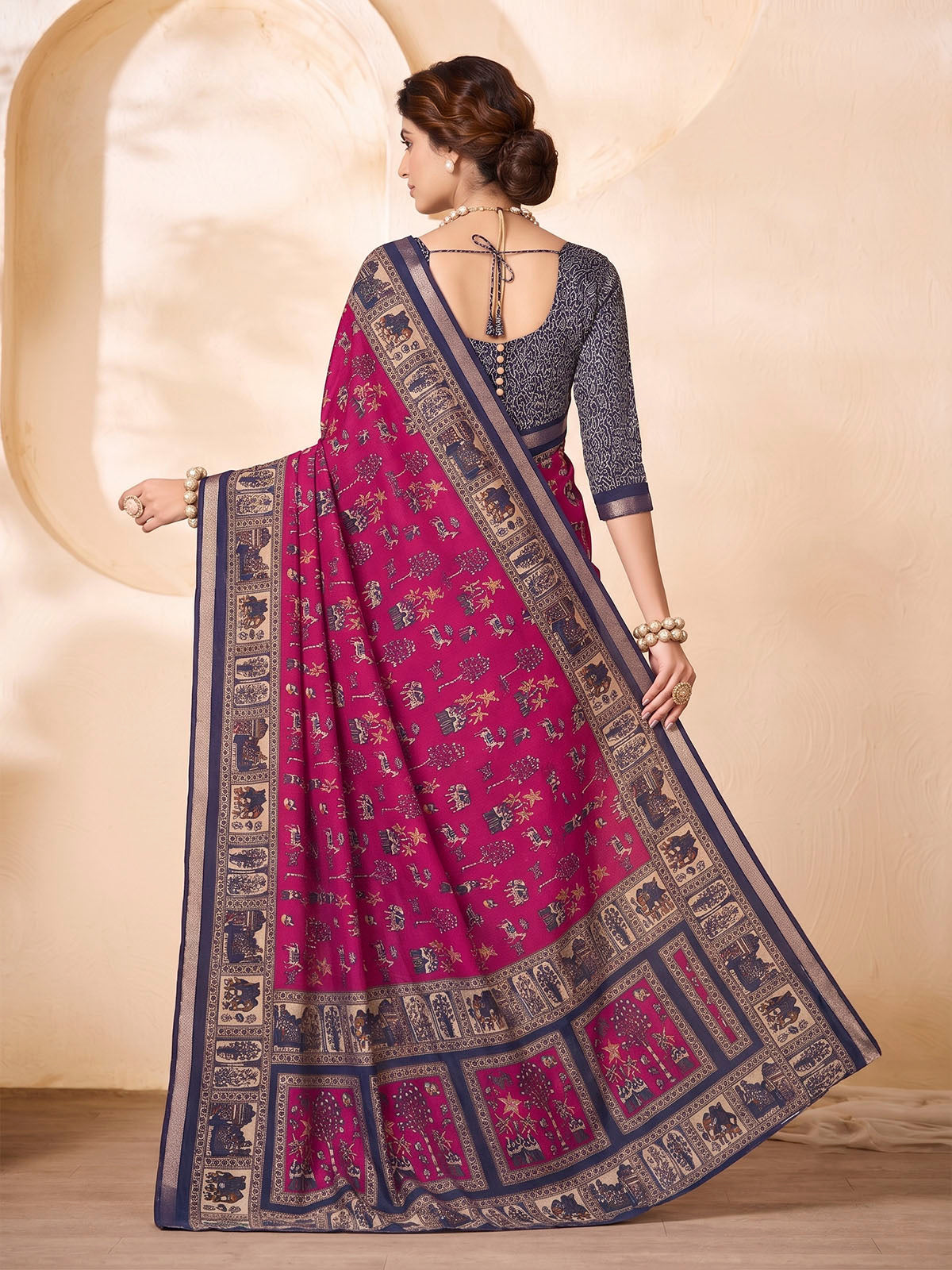 Monalisa - Pink Chanderi Cotton Printed Saree with Classic Folk Art Print