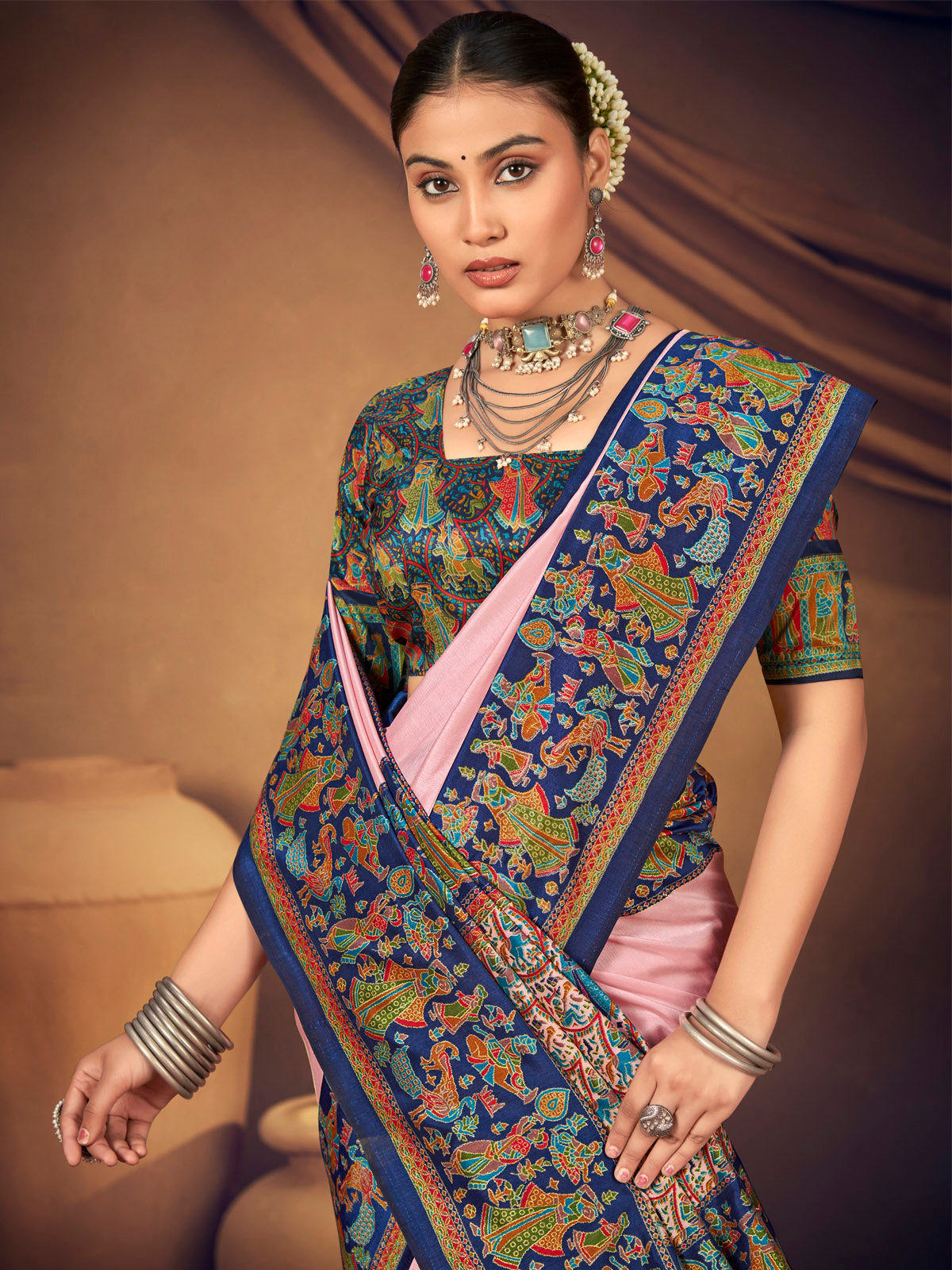 Kumuda - Baby Pink Mysore Silk Jari Printed with Tessals
