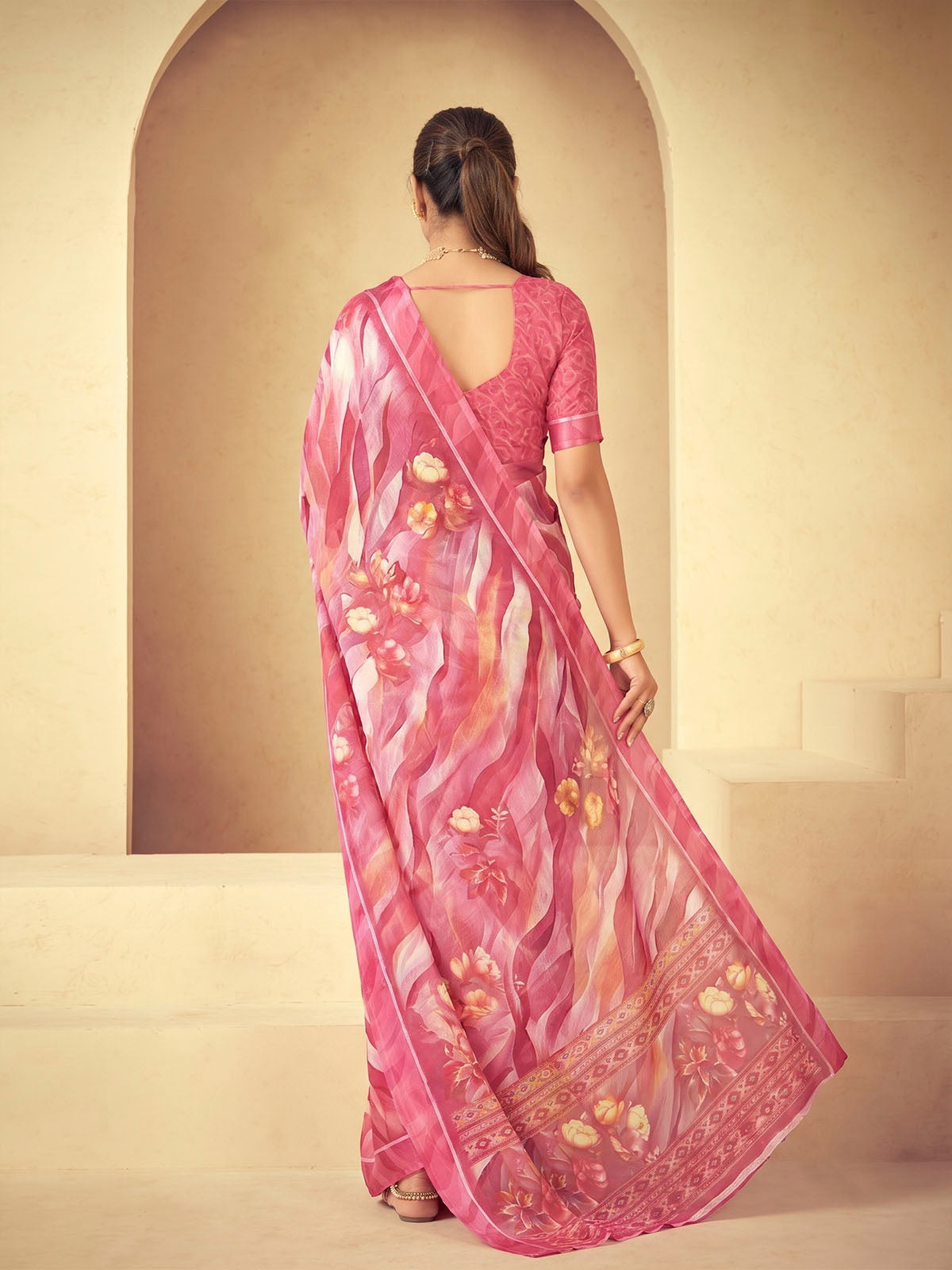 Samriddhi - Pink Moss Georgette Digital Print Saree with Satin Patta Border