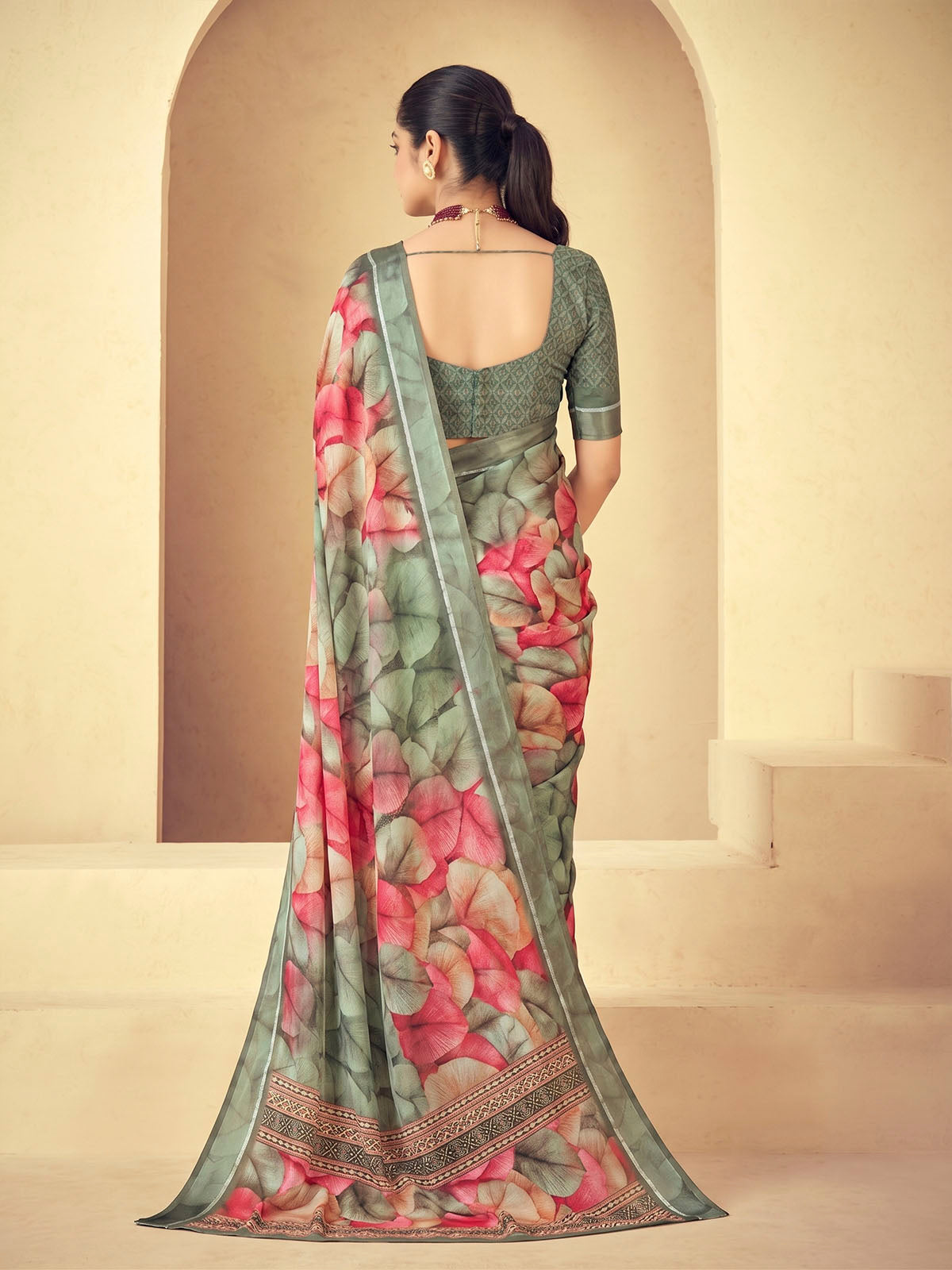 Samriddhi - Olive Green Moss Georgette Digital Print Saree with Satin Patta Border