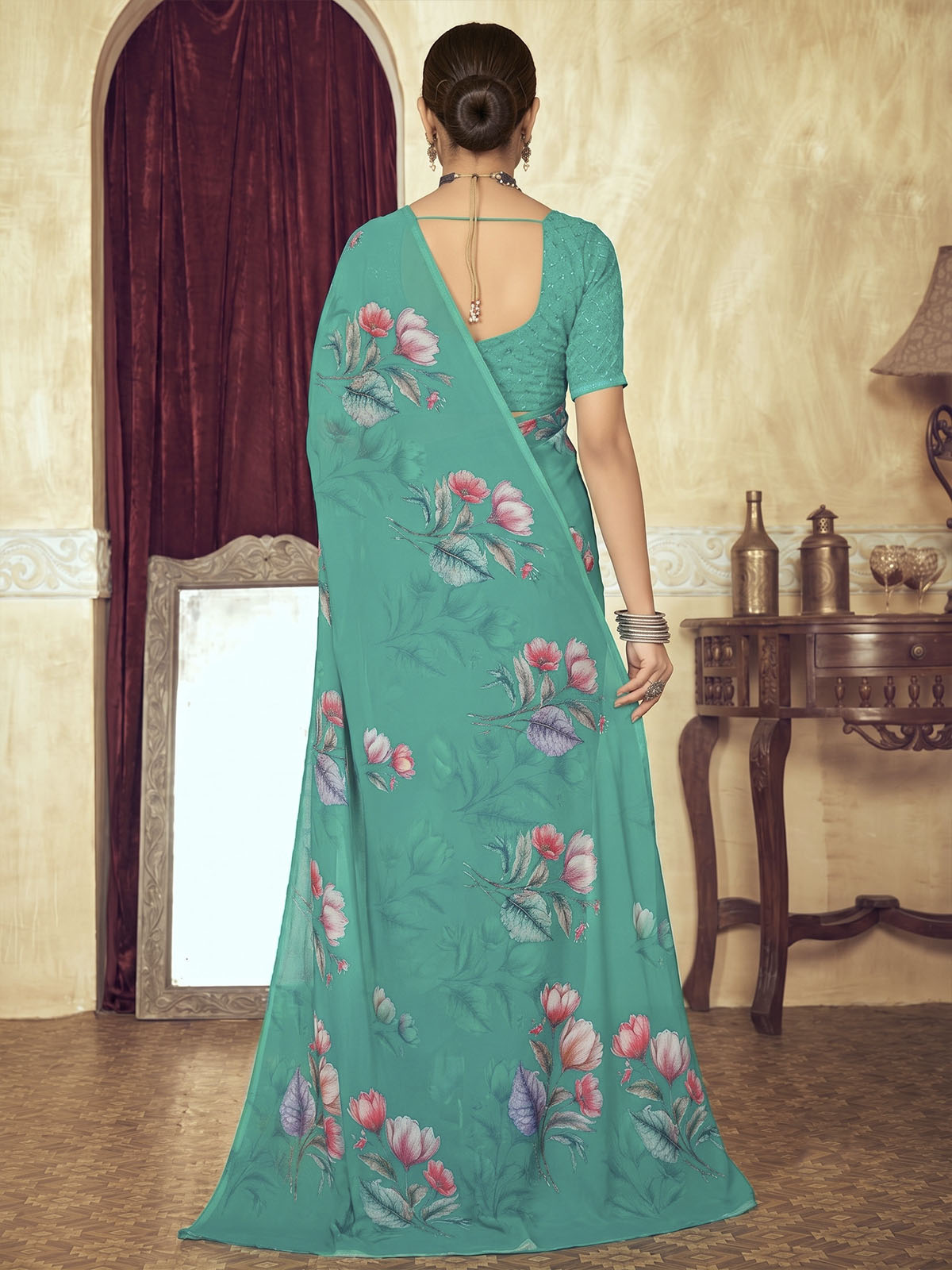 Riddhi - Turquoise Georgette Floral Digital Printed Saree
