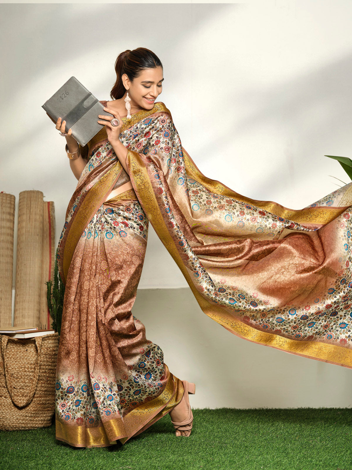 Varnika - Bronze Digital Printed Moss Georgette Saree with Woven Border
