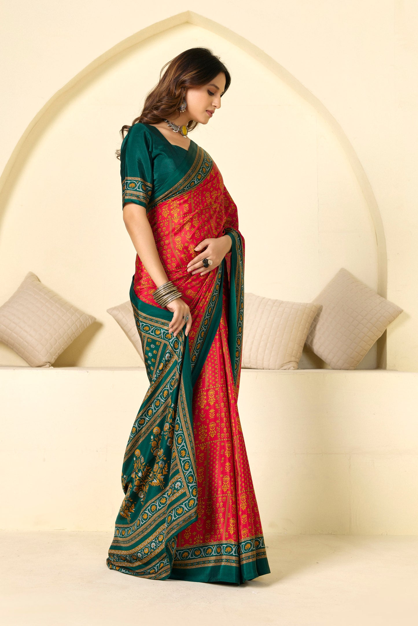 Rajkala - Red Floral Printed Crepe Silk Saree