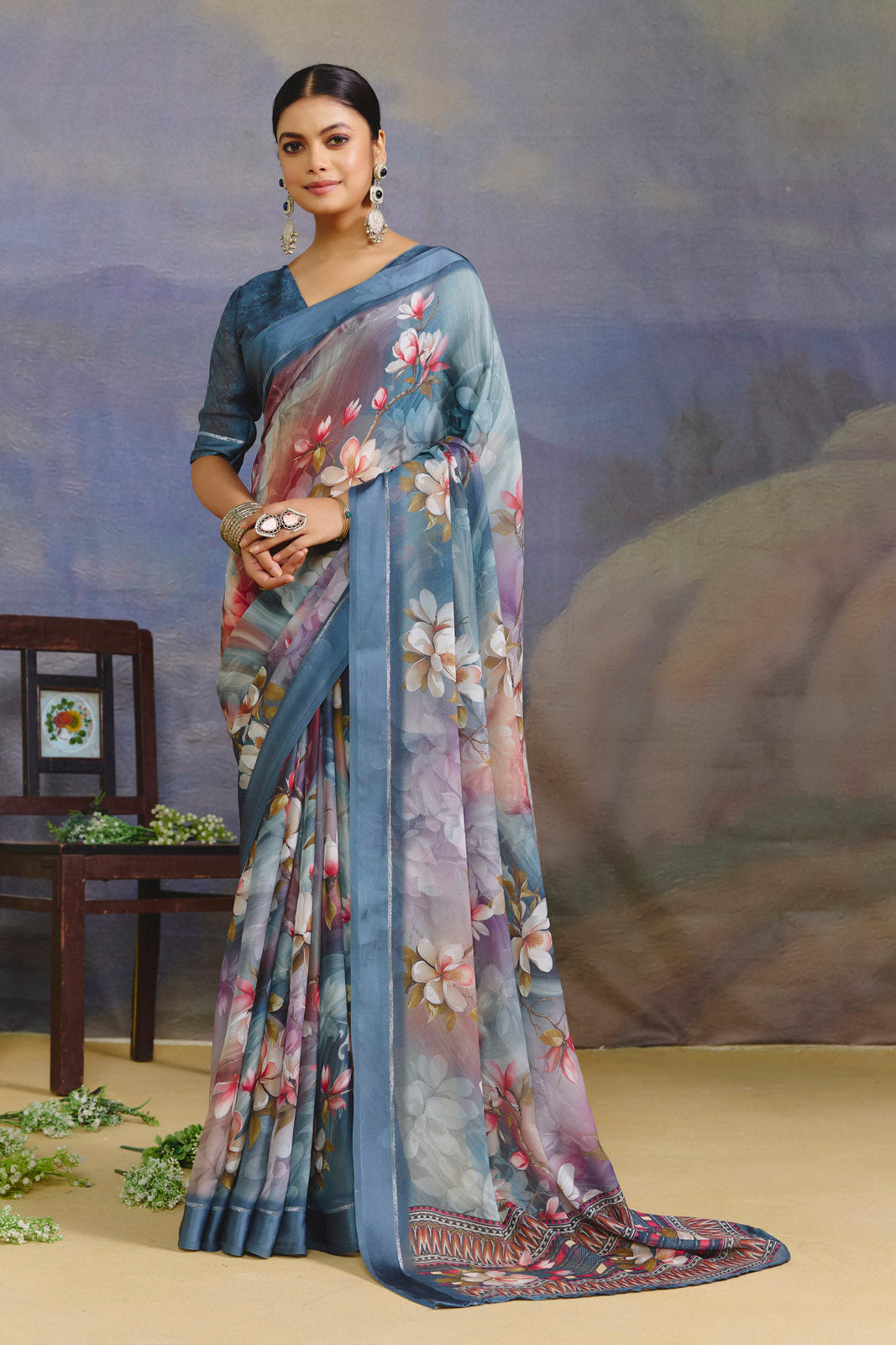 Samriddhi - Steel Blue Moss Georgette Digital Print Saree with Satin Patta Border