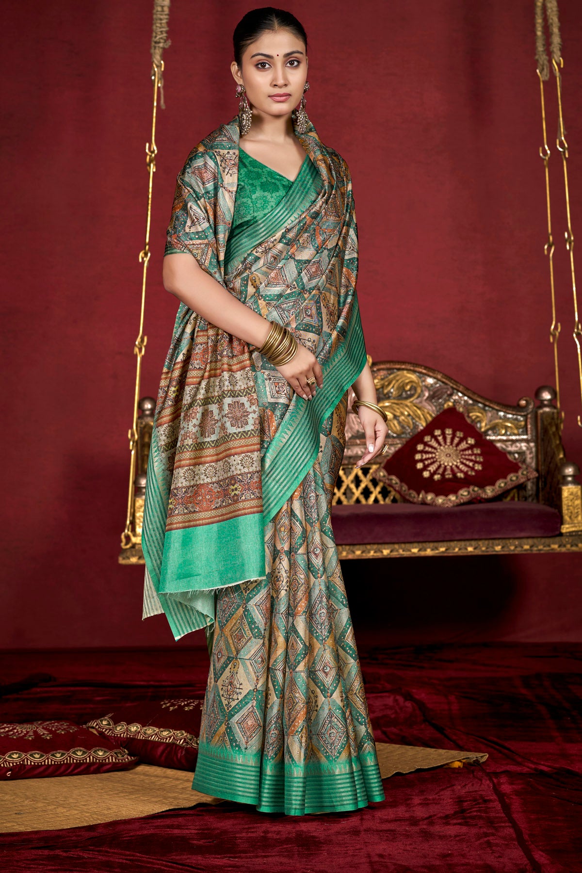 Veera - Sea Green Soft Silk Digital Printed Saree with Woven Border