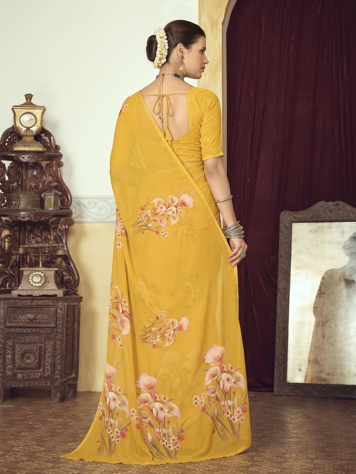 Riddhi - Yellow Georgette Floral Digital Printed Saree