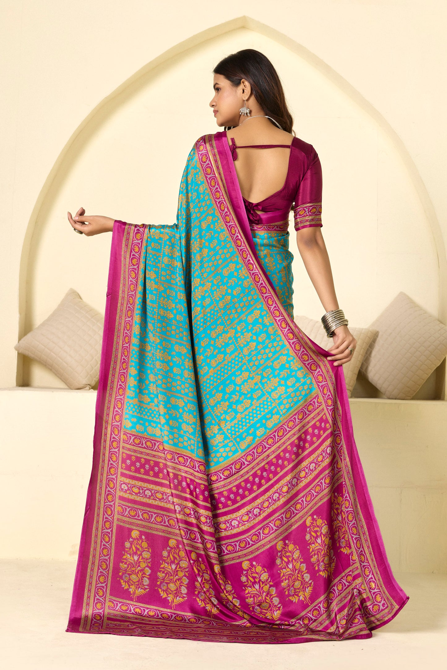 Rajkala - Teal Floral Printed Crepe Silk Saree