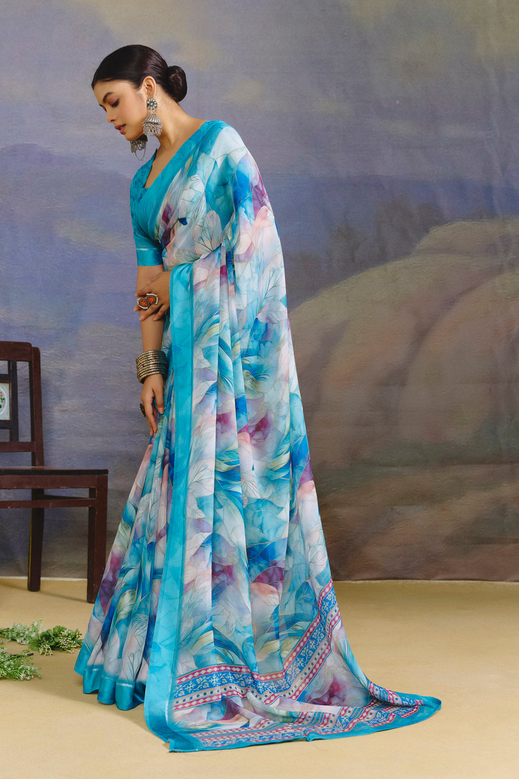 Samriddhi - Sky Blue Moss Georgette Digital Print Saree with Satin Patta Border