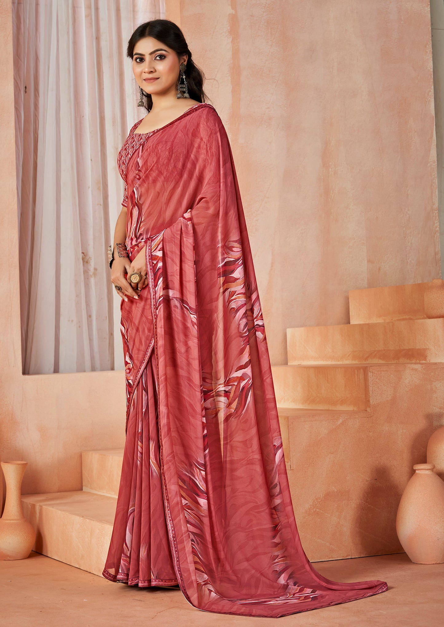 Sumedha - Peach Digital Printed Georgette Saree