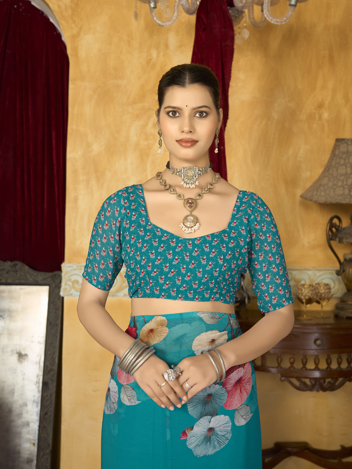 Riddhi - Firozi Georgette Floral Digital Printed Saree