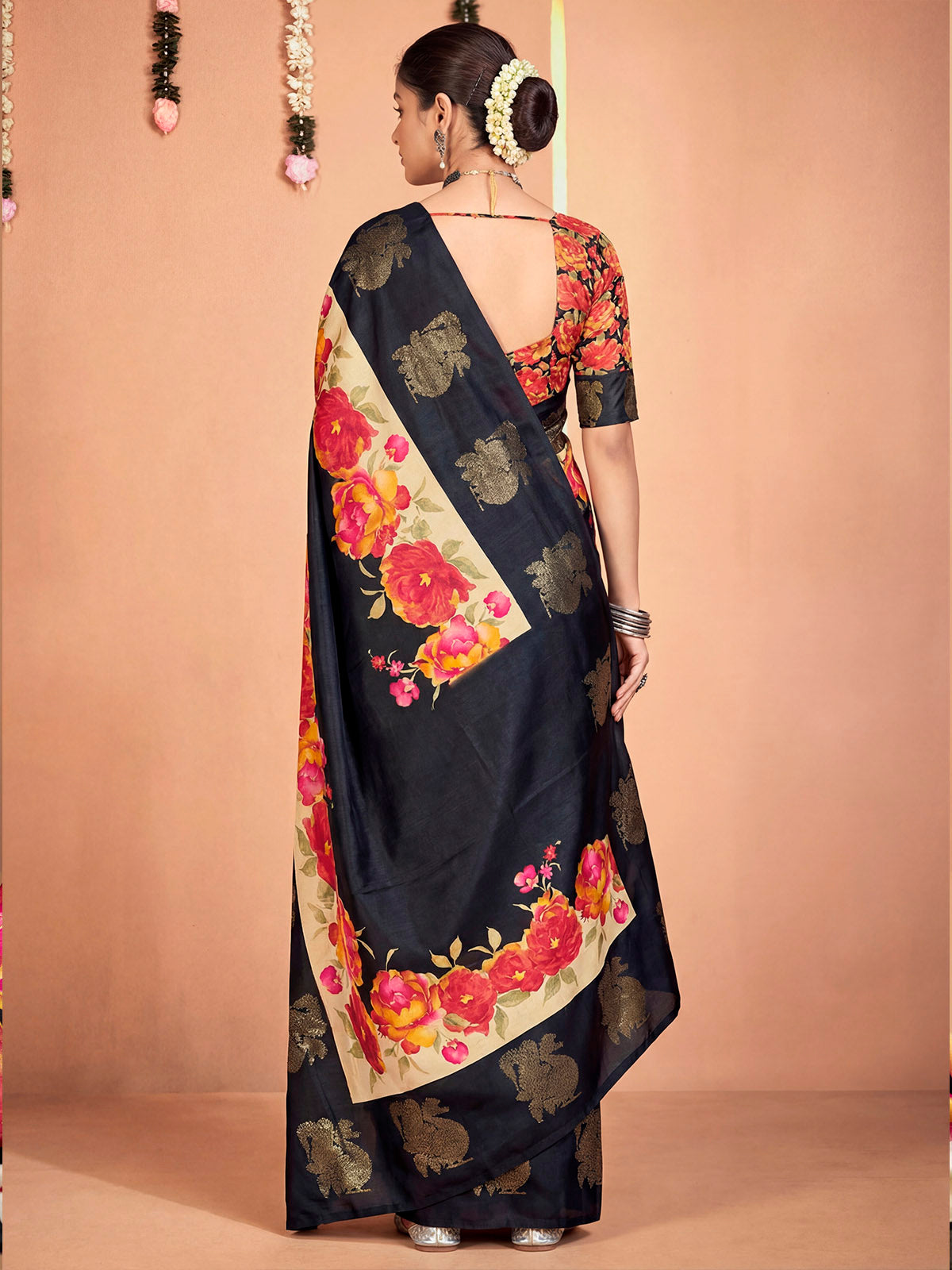 Rajkumari - Black Printed Soft Silk Saree with Silk Foil Work