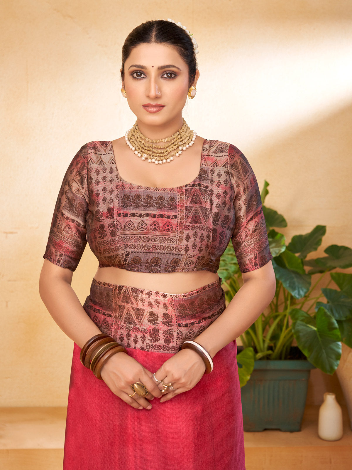 Ekvarna - Pink Printed Chiffon Saree