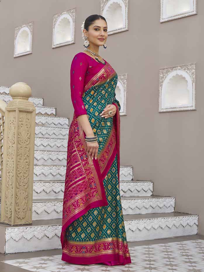 Gulmarg - Teal Silk Digital Printed Saree with Zari Border