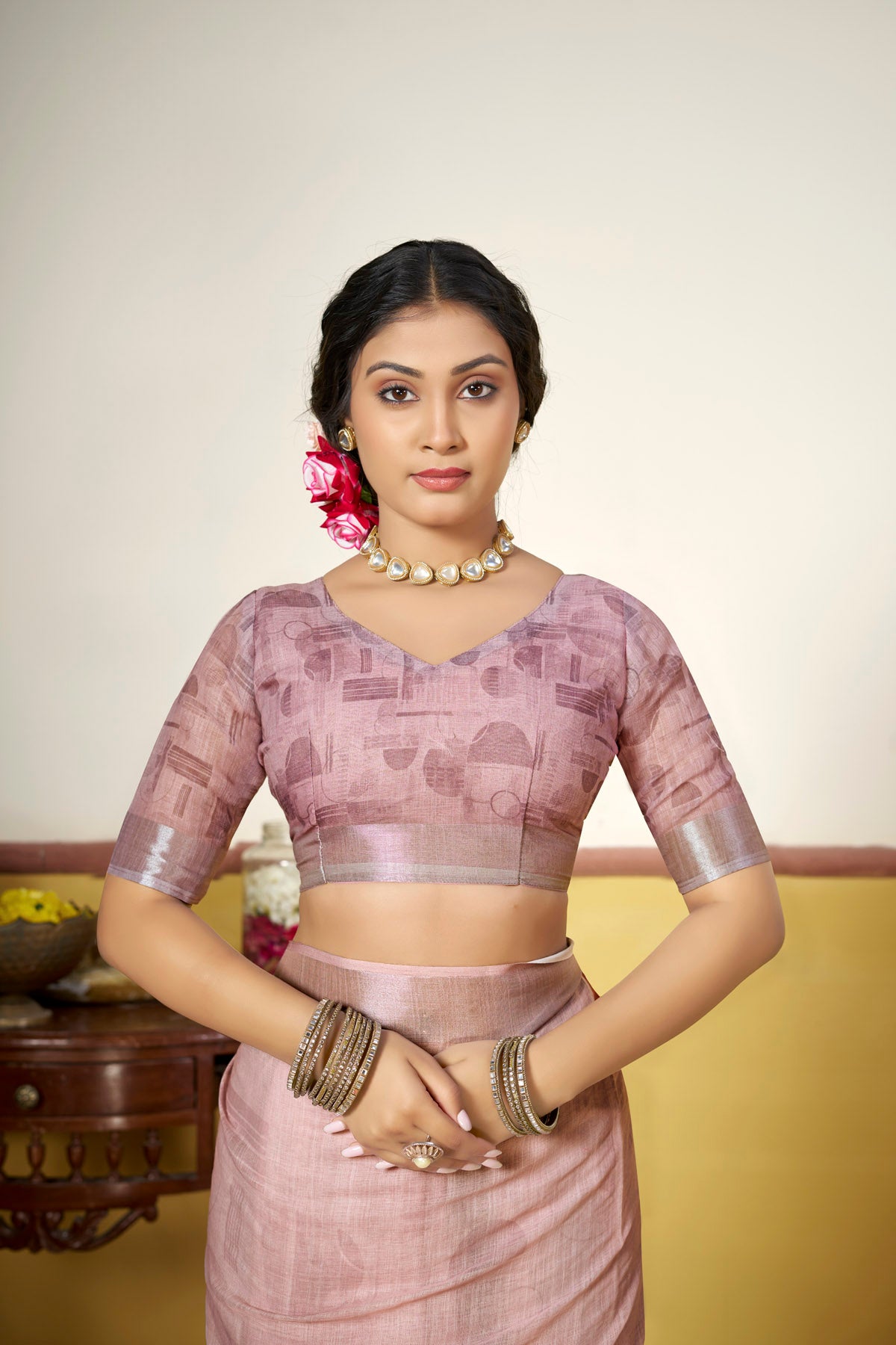 Rachna - Green Linen Digital Print Saree with Woven Border