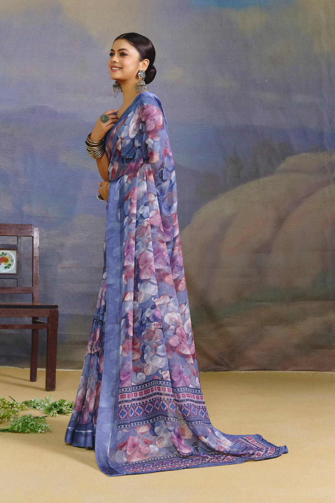 Samriddhi - Slate Blue Moss Georgette Digital Print Saree with Satin Patta Border