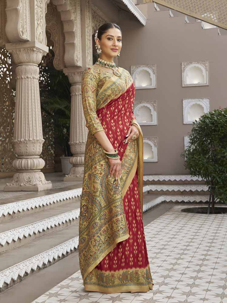 Gulmarg - Red Silk Digital Printed Saree with Zari Border