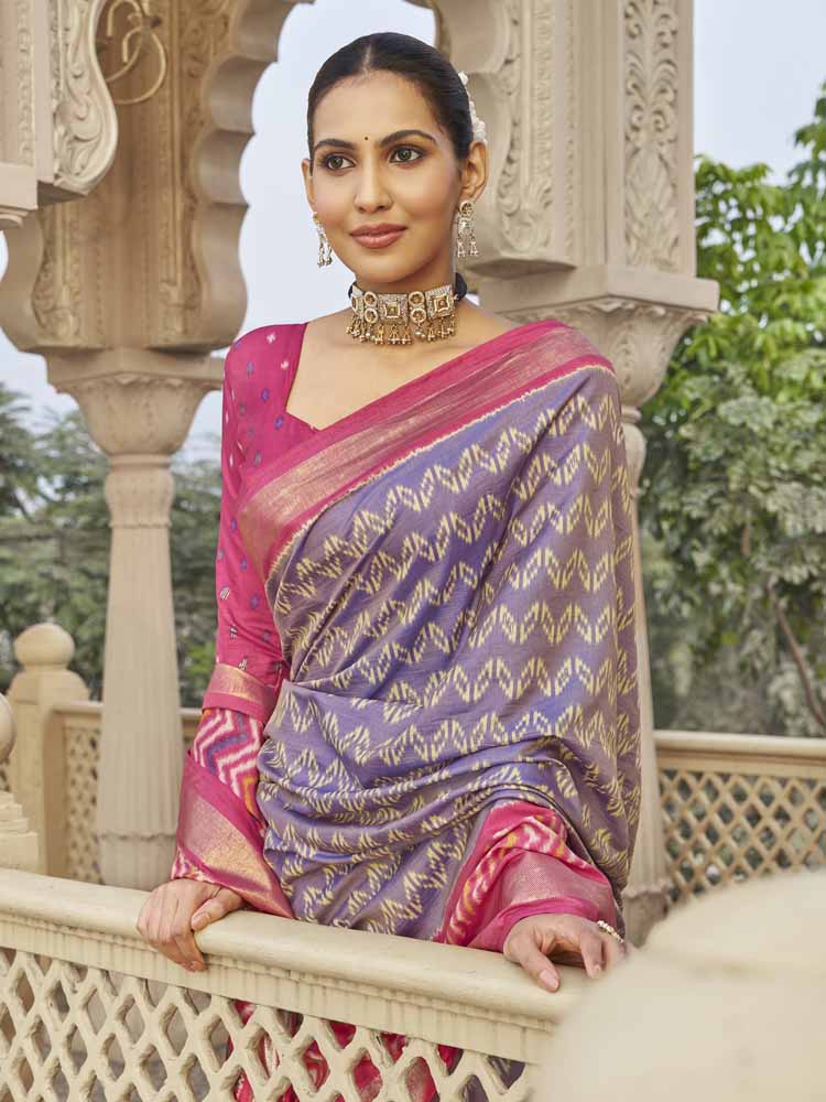Gulmarg - Lavender Silk Digital Printed Saree with Zari Border