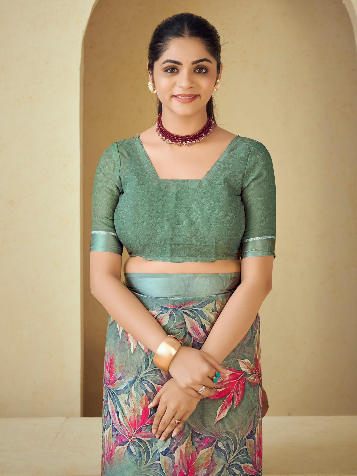 Samriddhi - Sage Green Moss Georgette Digital Print Saree with Satin Patta Border