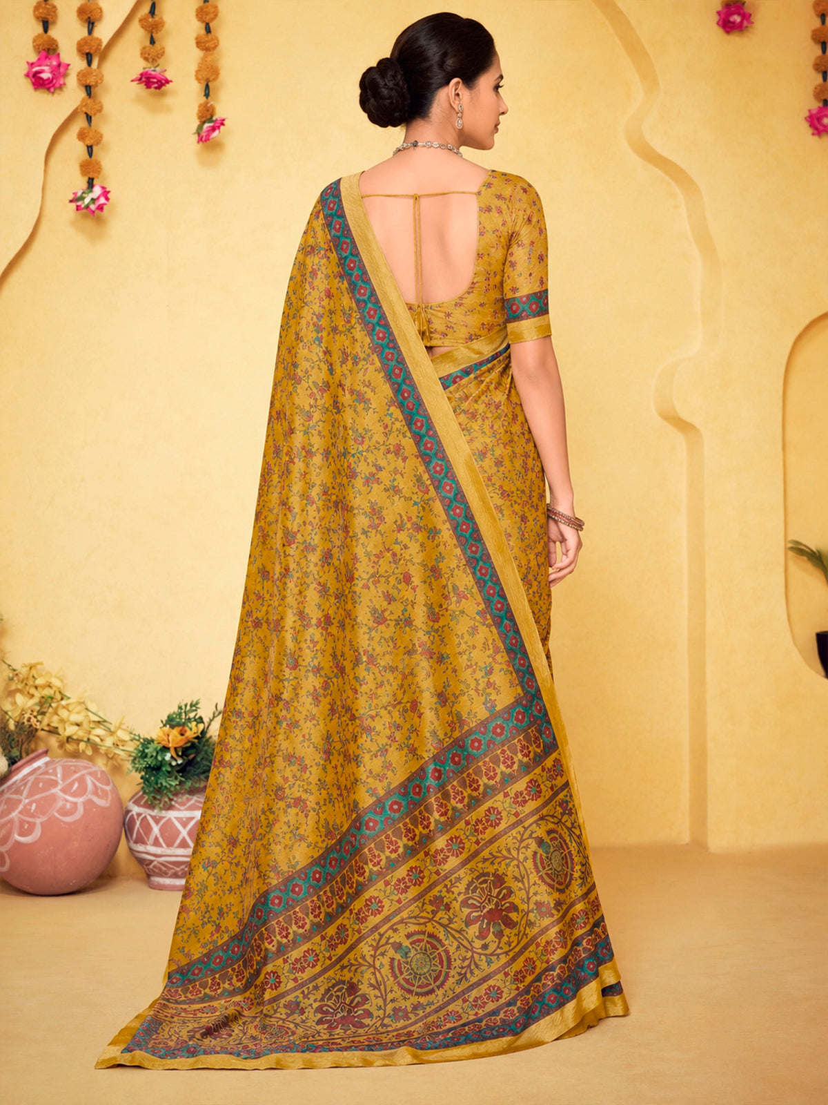 Amrapali - Yellow Chanderi Cotton Digital Printed Saree with Zari Border