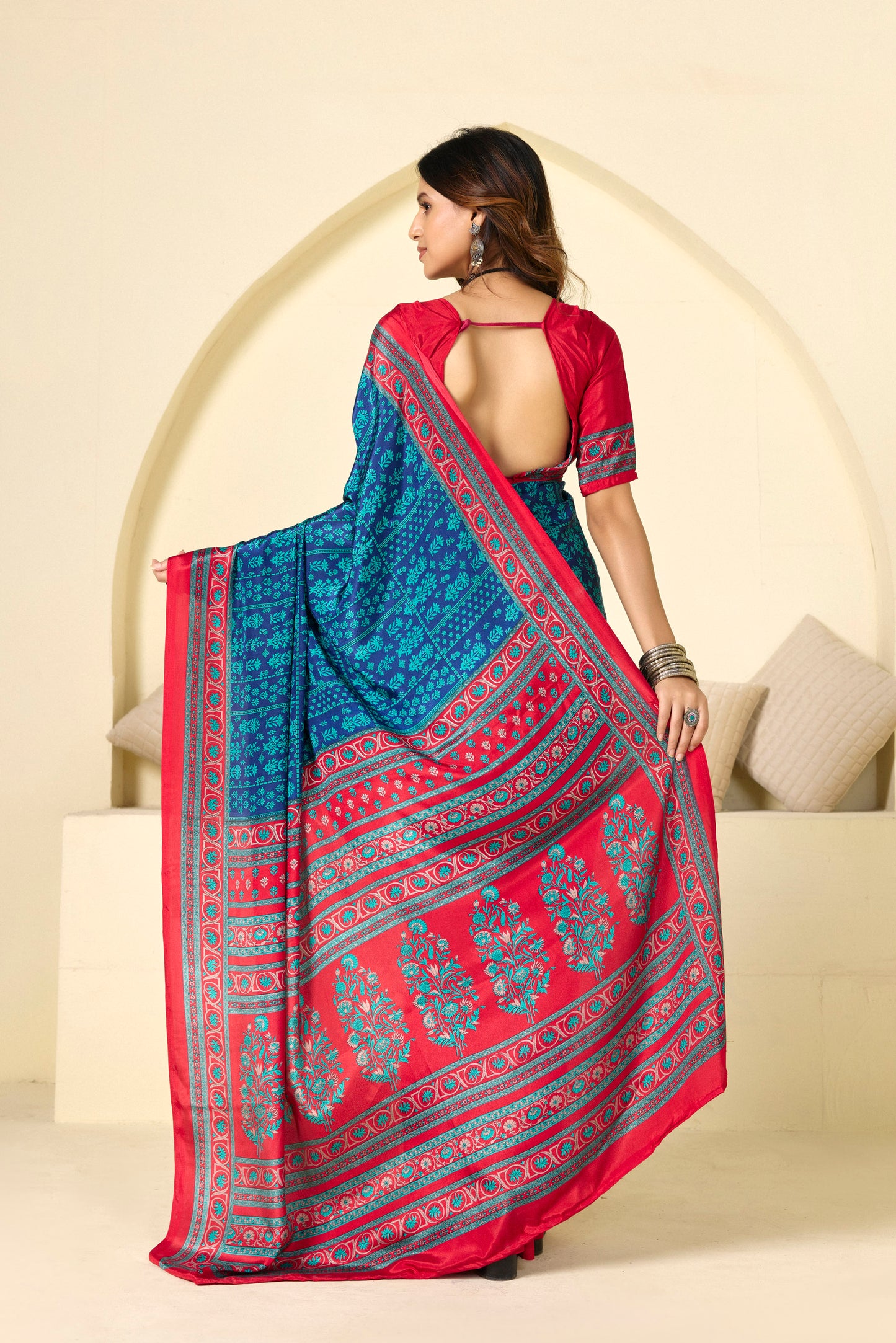 Rajkala - Blue Floral Printed Crepe Silk Saree