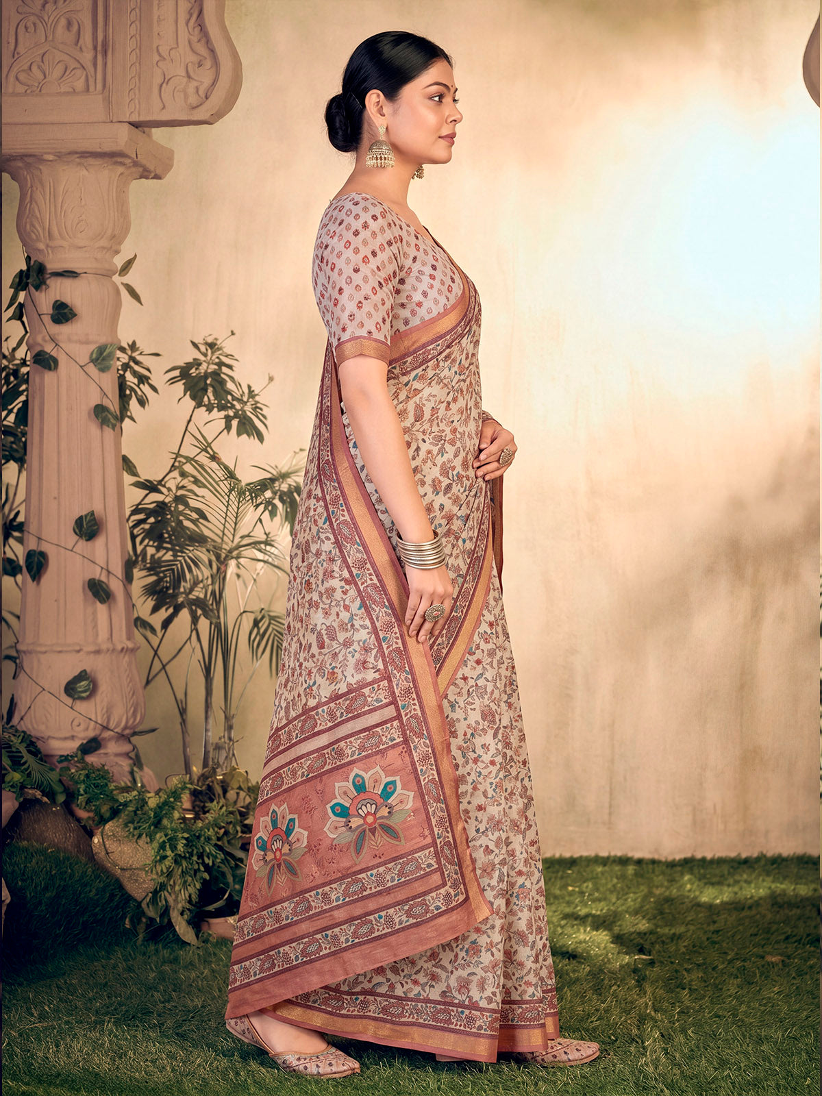 Amrapali - Off White Chanderi Cotton Digital Printed Saree with Zari Border