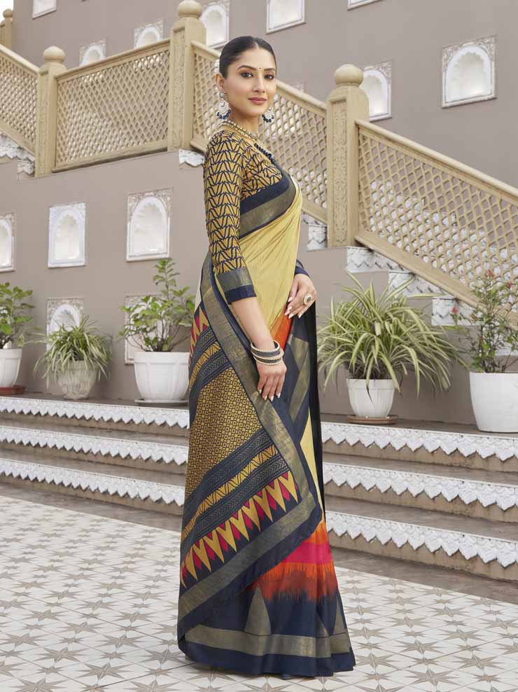 Gulmarg - Yellow Silk Digital Printed Saree with Zari Border